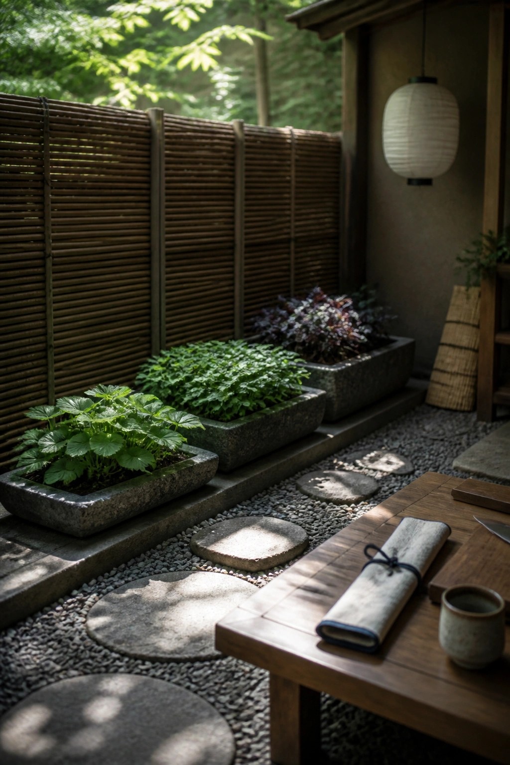 Rectangular stone planters with green herbs sit along a bamboo fence beside a gravel path with round stepping stones, next to a low wooden table with a rolled mat and cup.