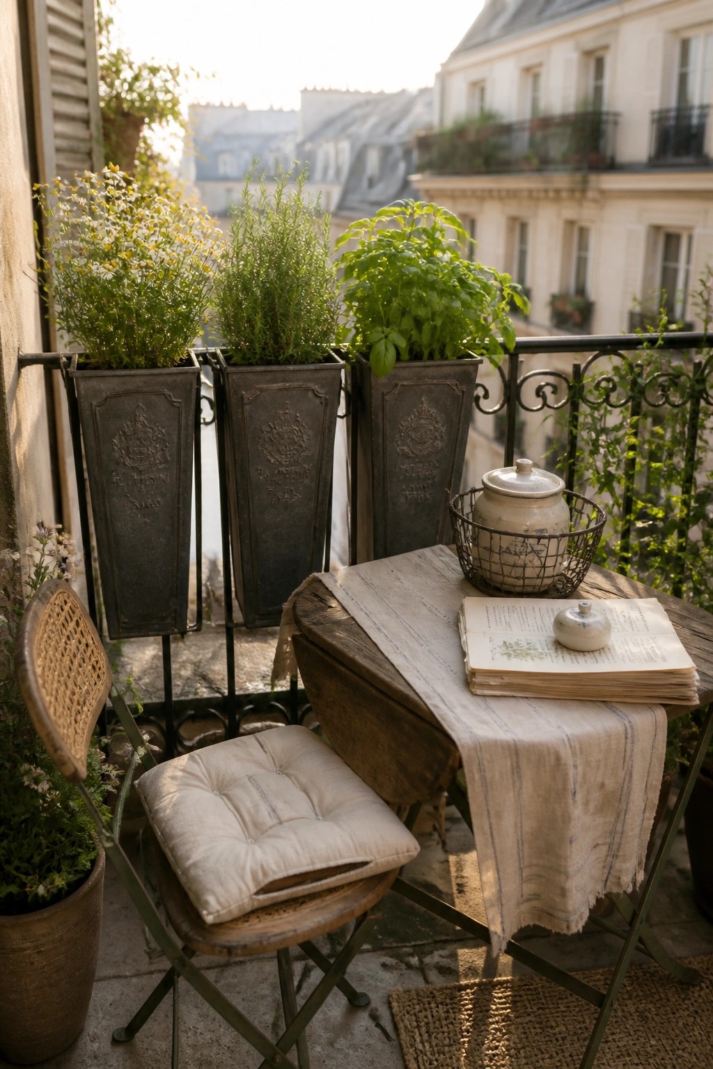 Three tall metal herb planters sit on a balcony railing beside a small wooden table with an open book and a cushioned chair.