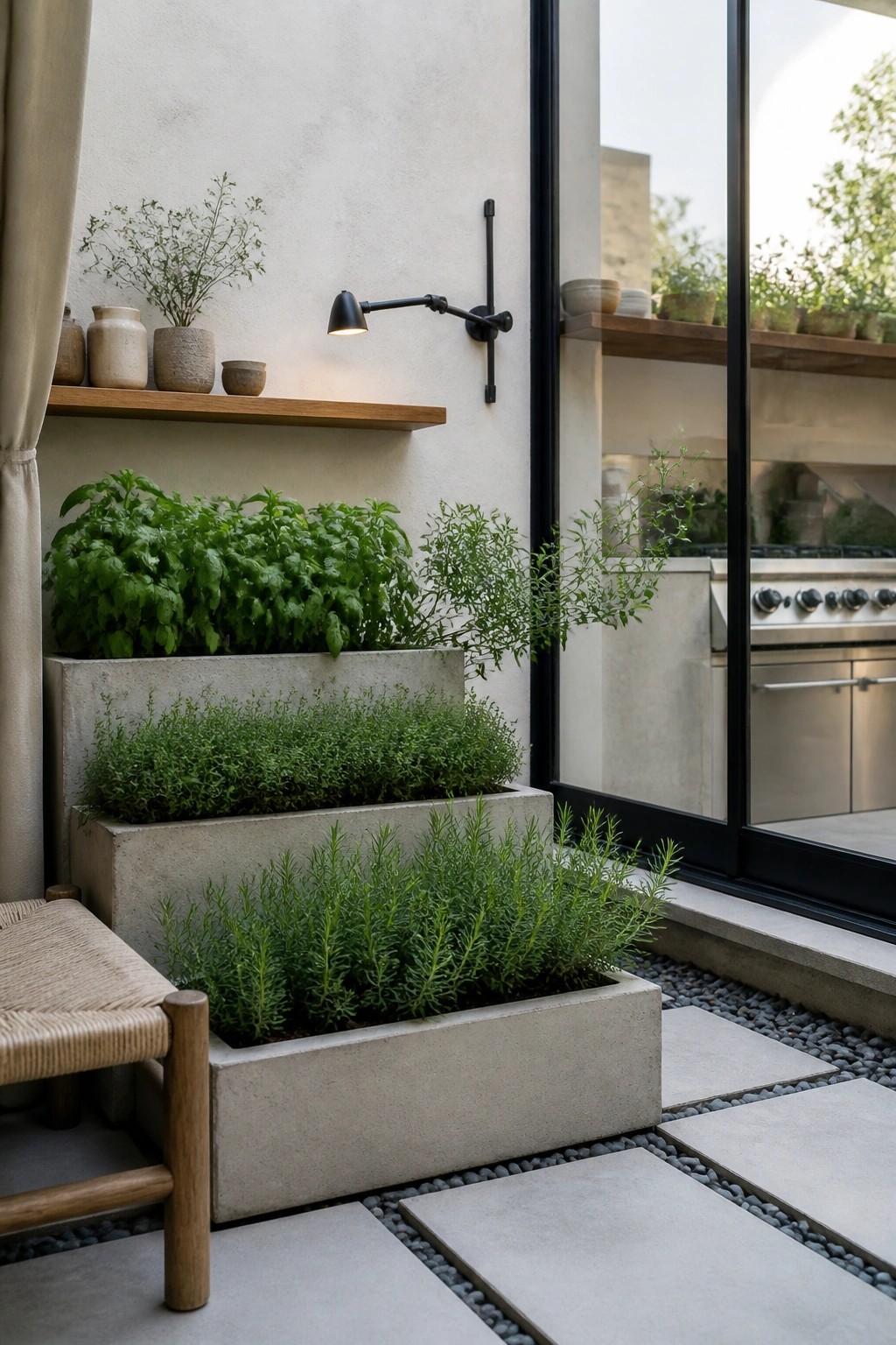 Tiered concrete planters filled with herbs sit next to a glass kitchen door on a stone and gravel patio.