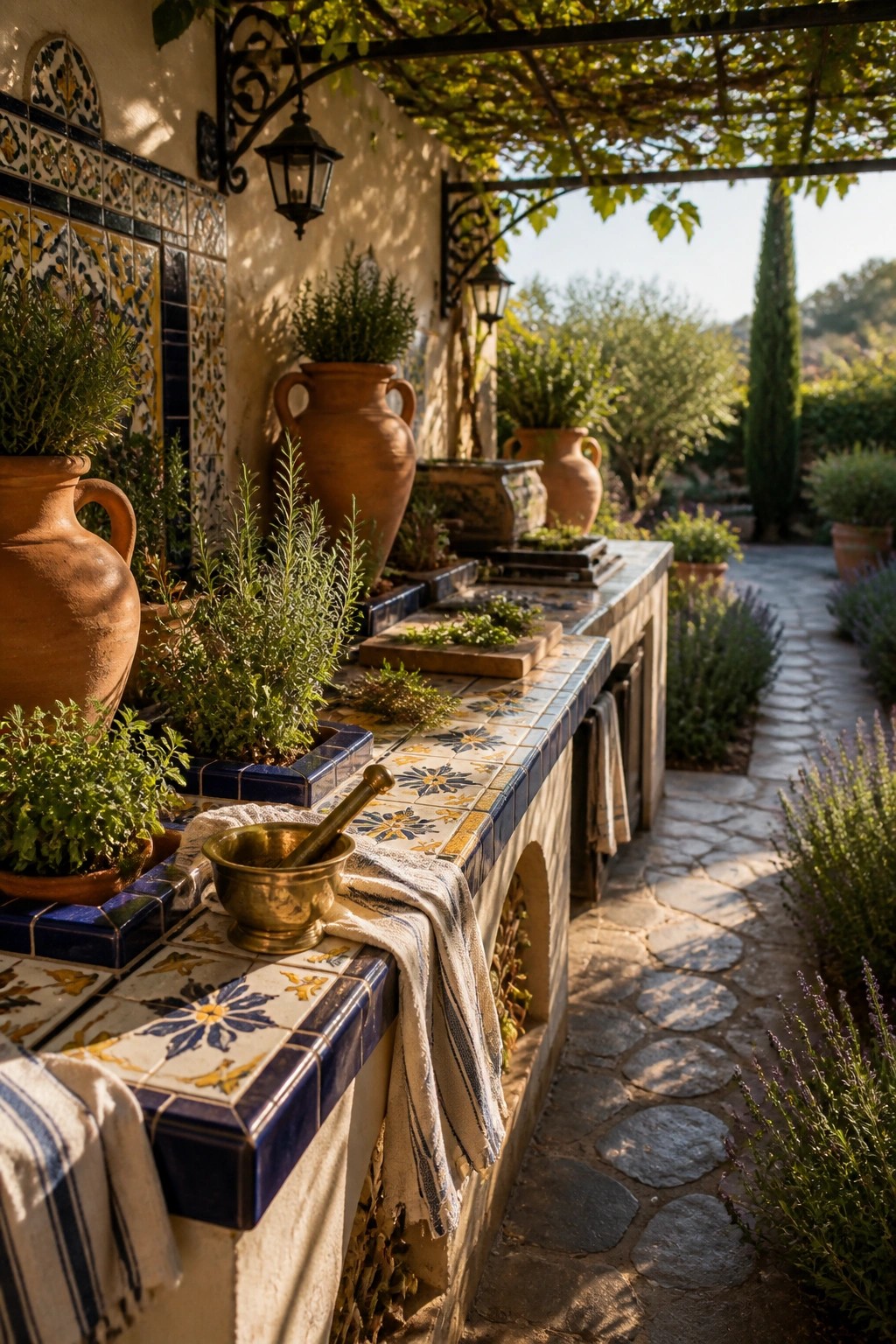 An outdoor tiled counter lined with terracotta pots of herbs, a brass mortar and pestle, and a stone path running beside it under a wooden pergola.