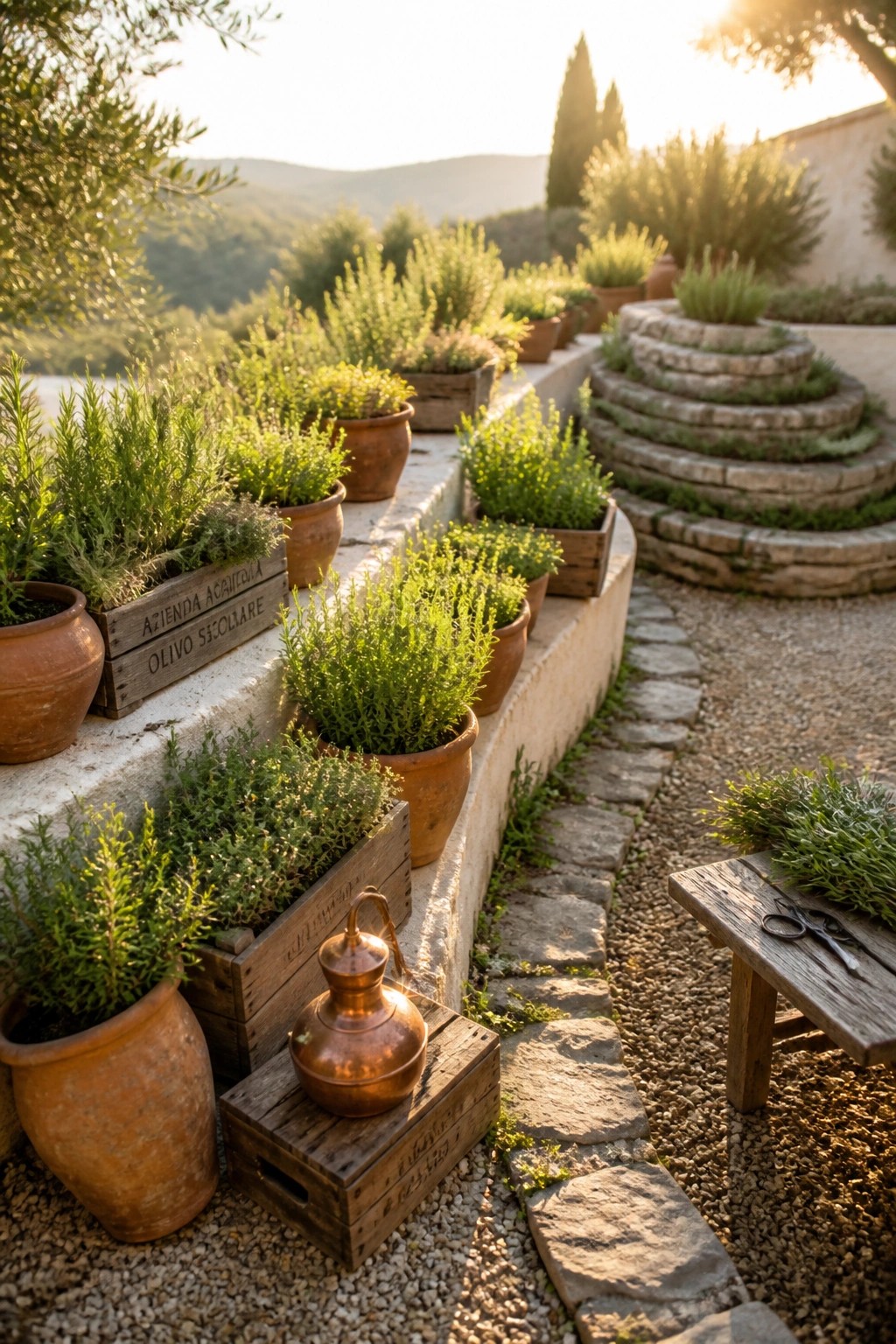 A garden border lined with wooden crates and terracotta pots filled with green herbs, next to a gravel path and stone steps.