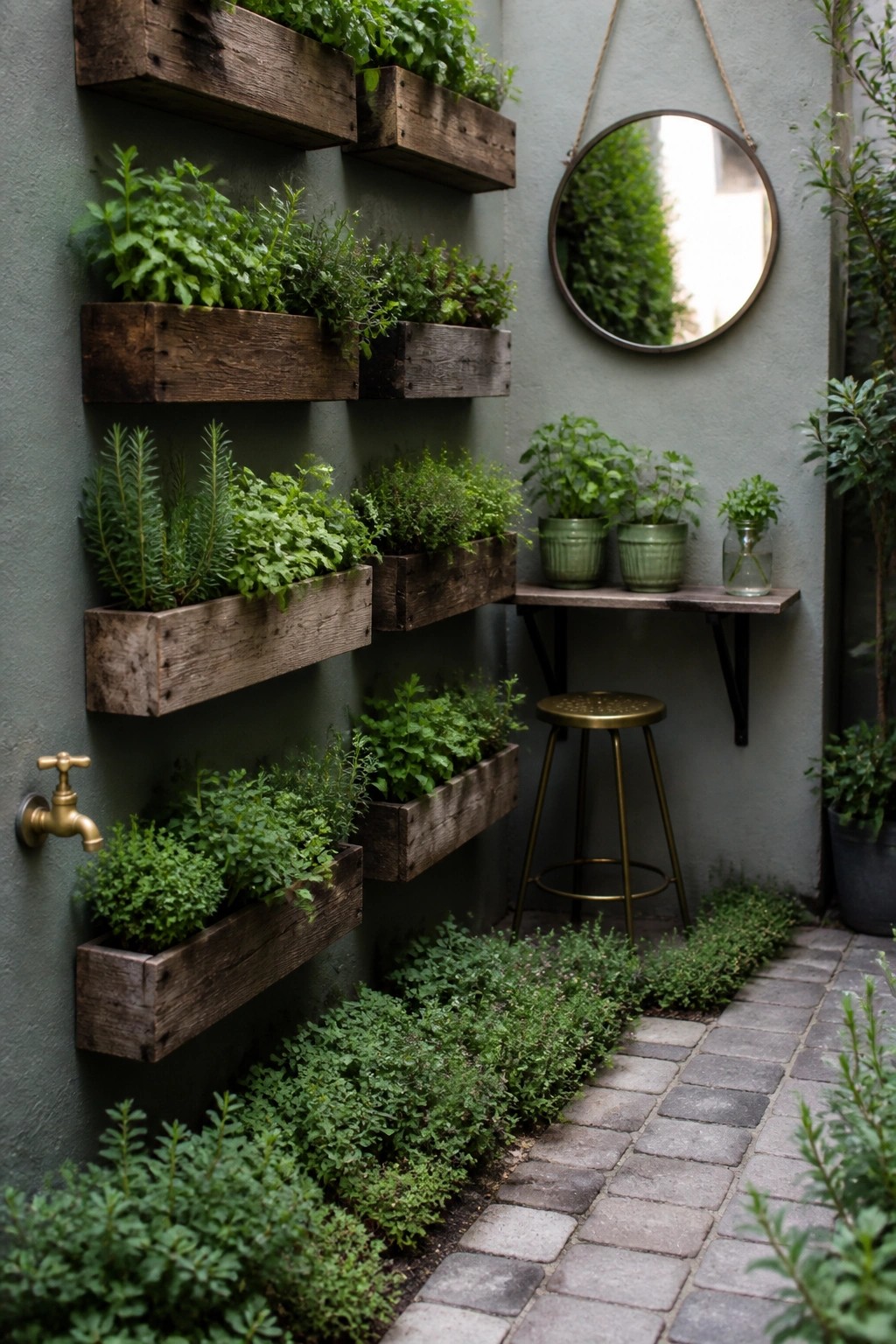 A green exterior wall holds several rustic wooden planters filled with herbs, with more herbs edging a cobblestone path below.