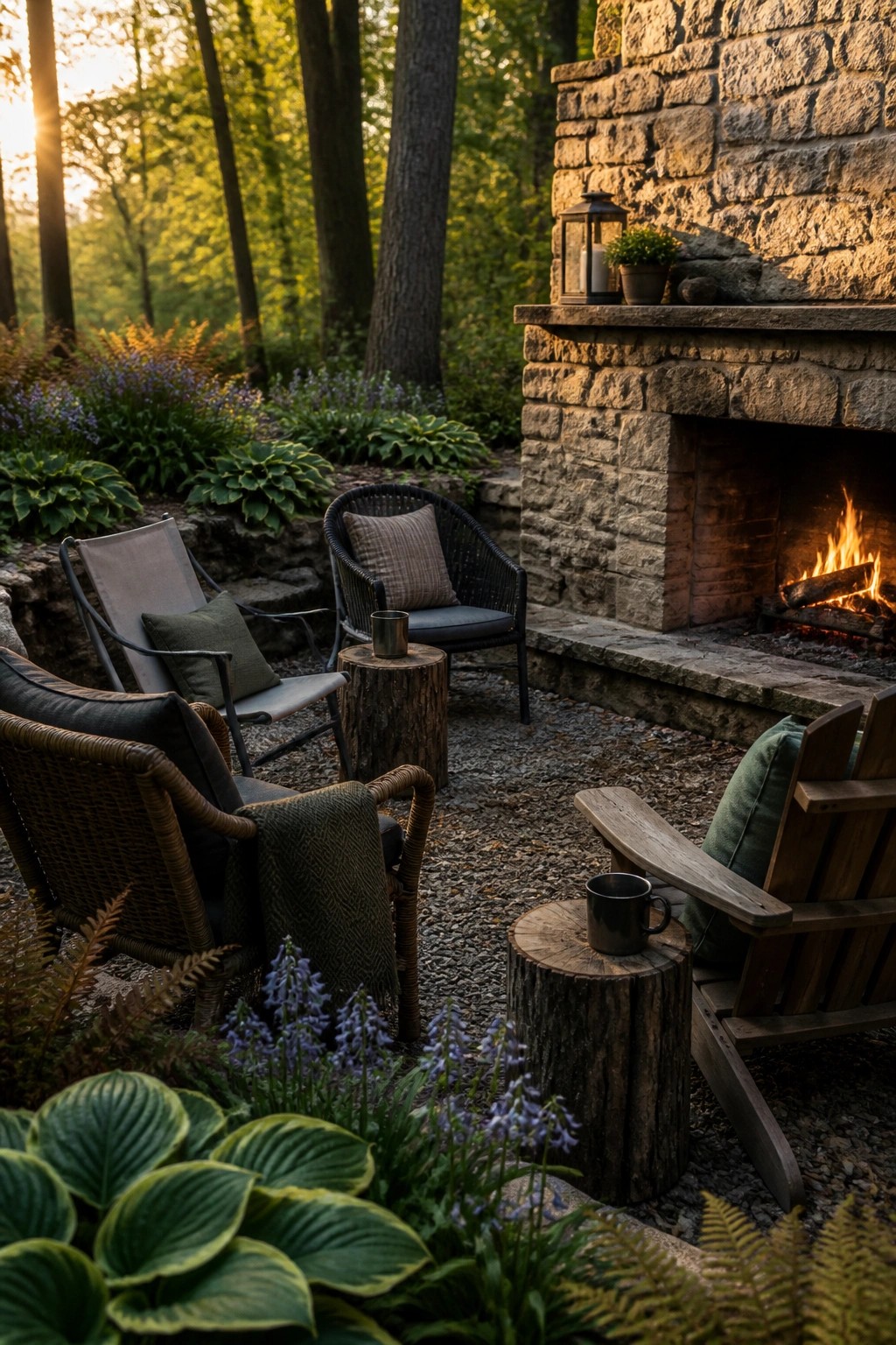 An outdoor gravel seating area with a large stone fireplace, several chairs, tree stump tables, and dense hostas and ferns planted around the edges.