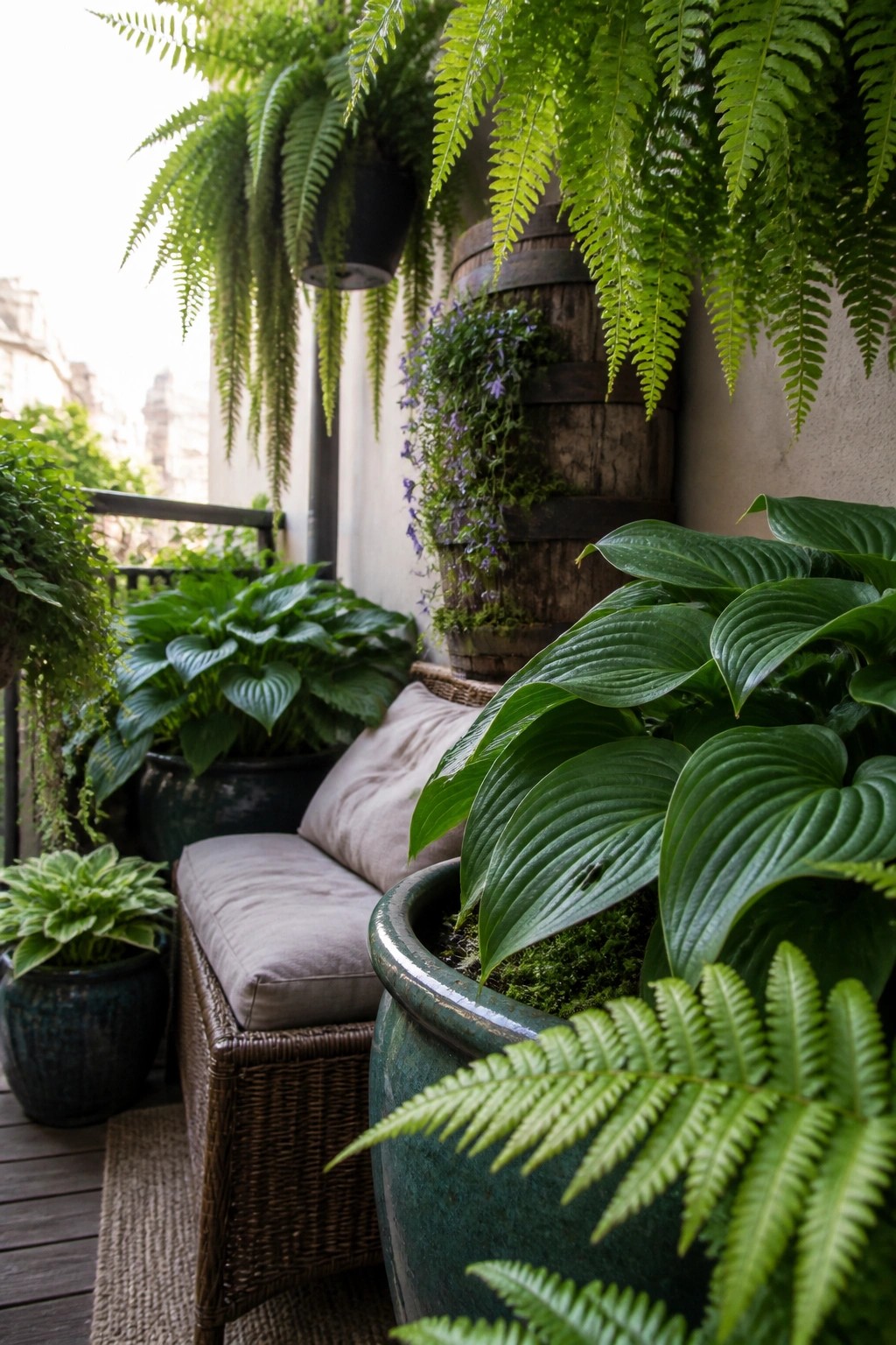 A balcony seating area with a wicker bench and multiple large ceramic pots filled with ferns and hostas.