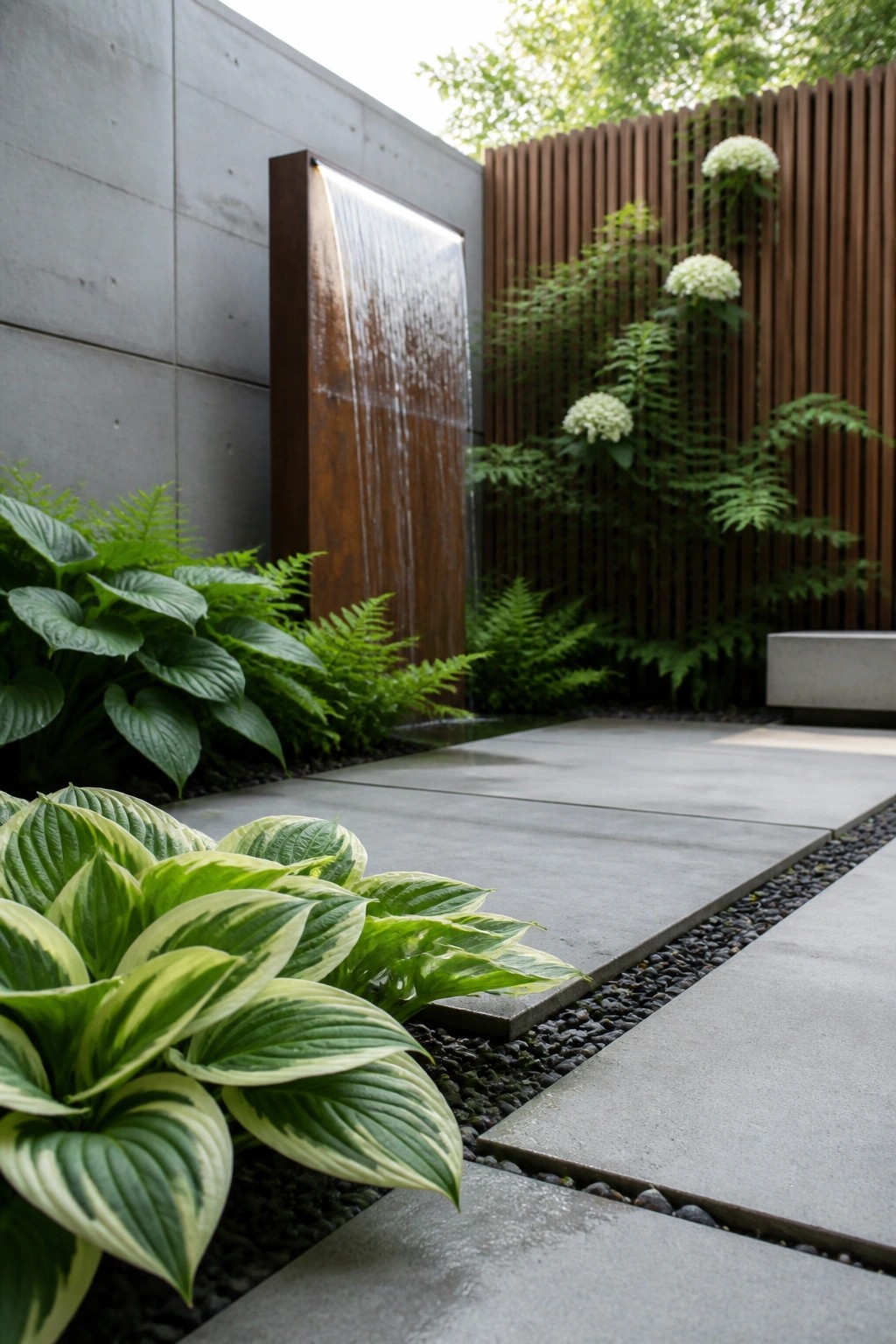 A concrete paver path edged with gravel runs past large hostas in the foreground and ferns beside a metal water feature on a gray wall.