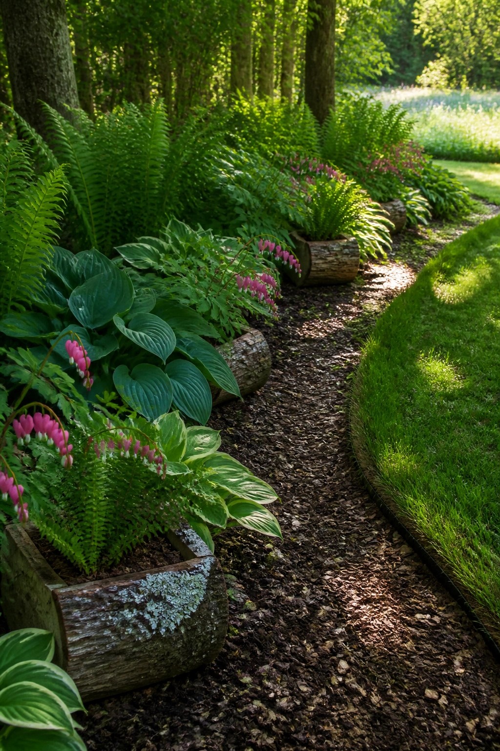 A woodland garden path bordered by hostas, ferns, and bleeding hearts planted inside hollowed log containers.