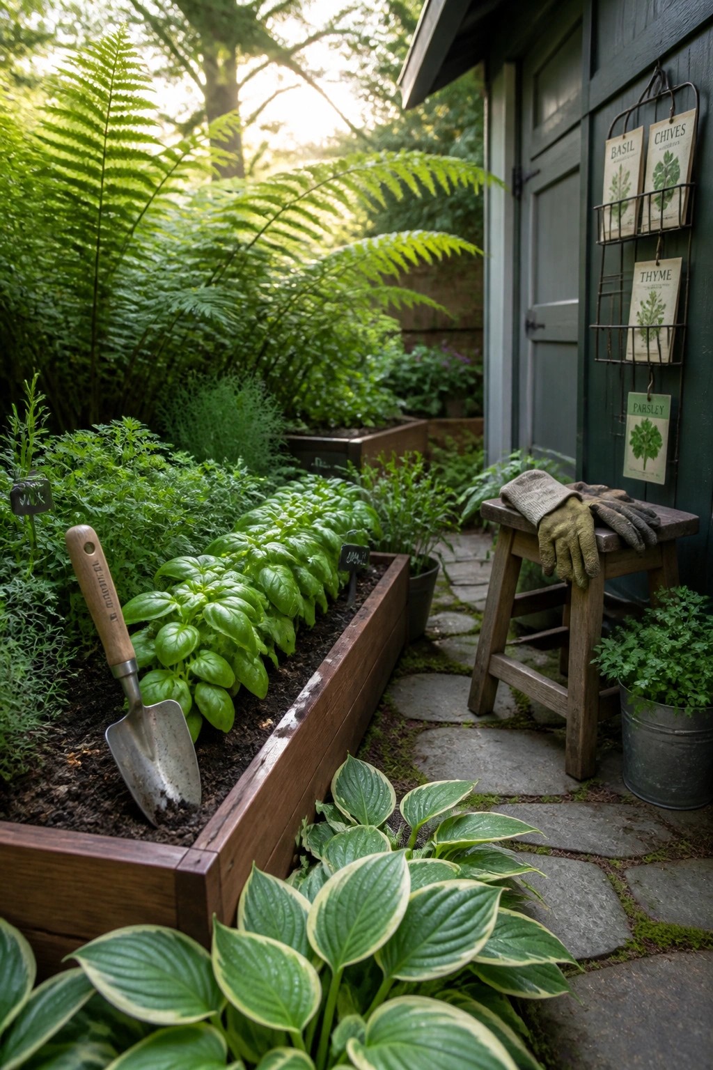 A wooden raised bed with basil and herbs sits beside a stone path, surrounded by ferns and hostas, next to a green shed with gardening gloves on a stool.
