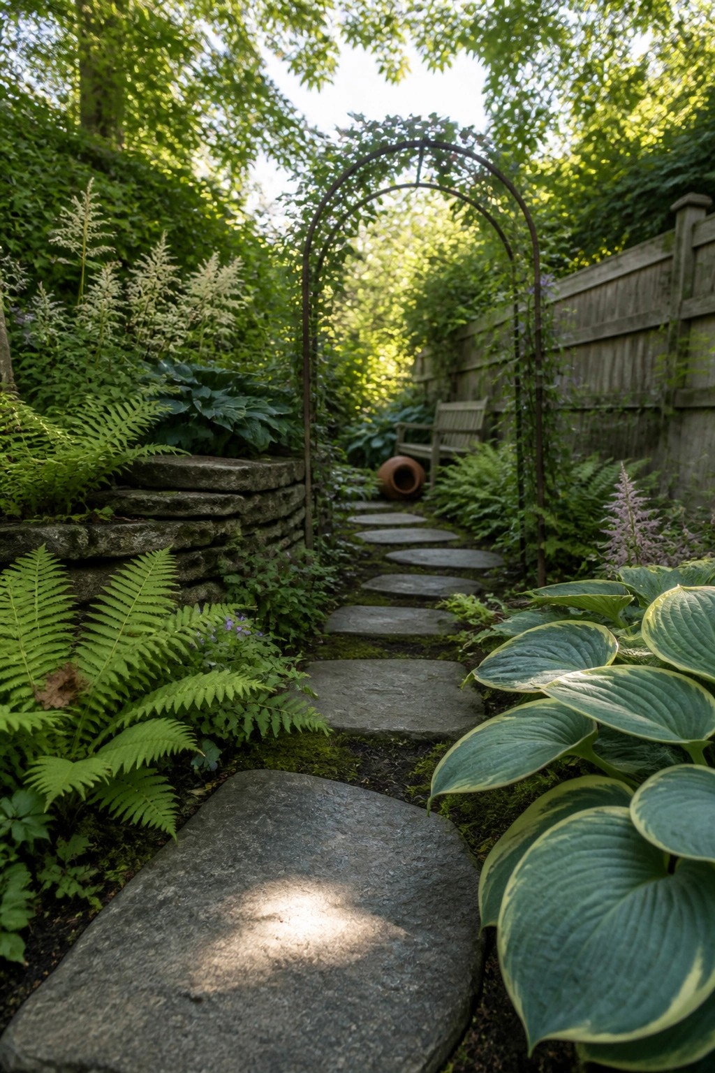 Stone path winds through ferns and hostas under vine-covered arch