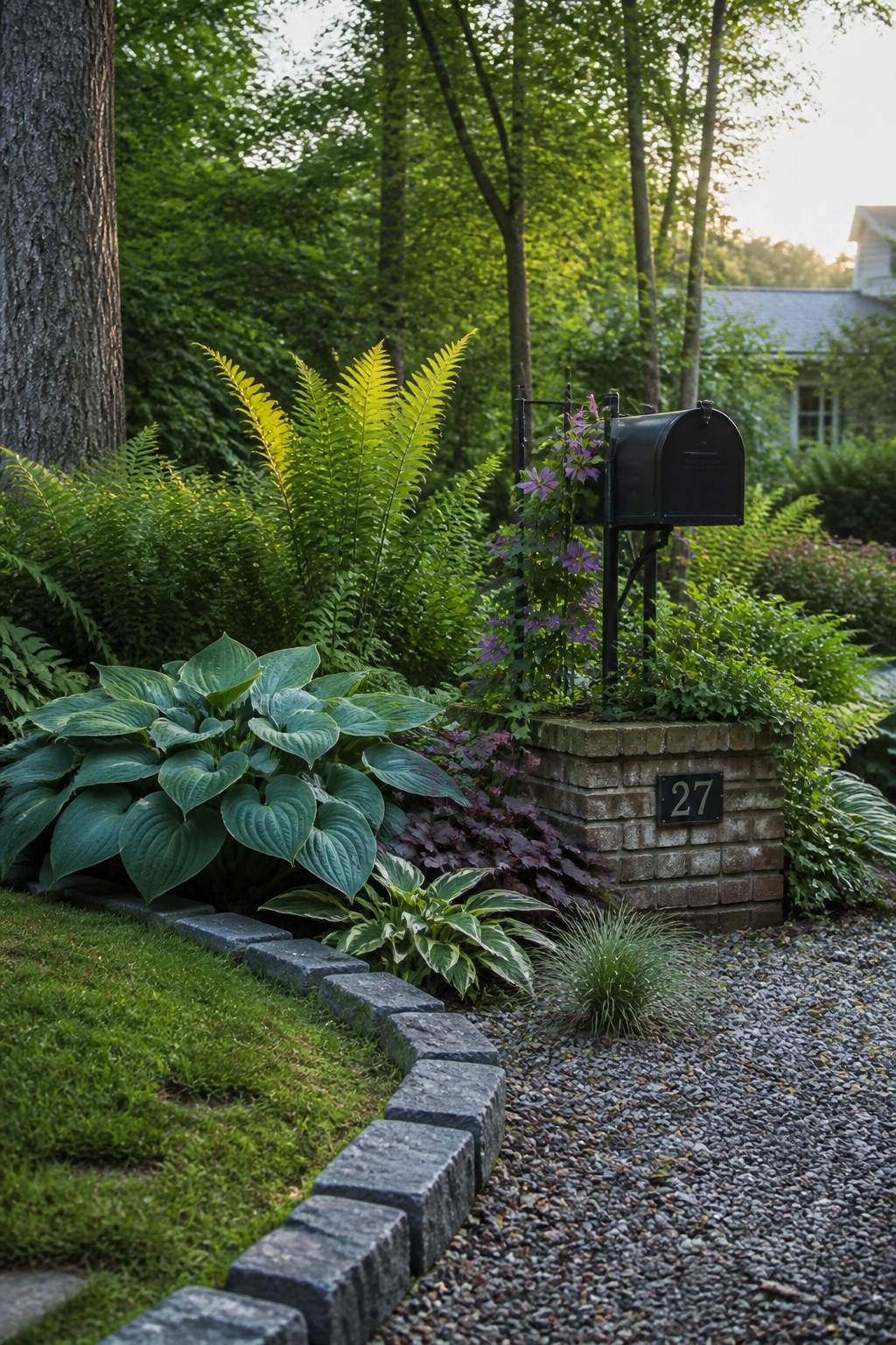 A curved border of gray stone blocks edges a shade garden bed filled with large hostas and ferns beside a gravel path and brick mailbox base.