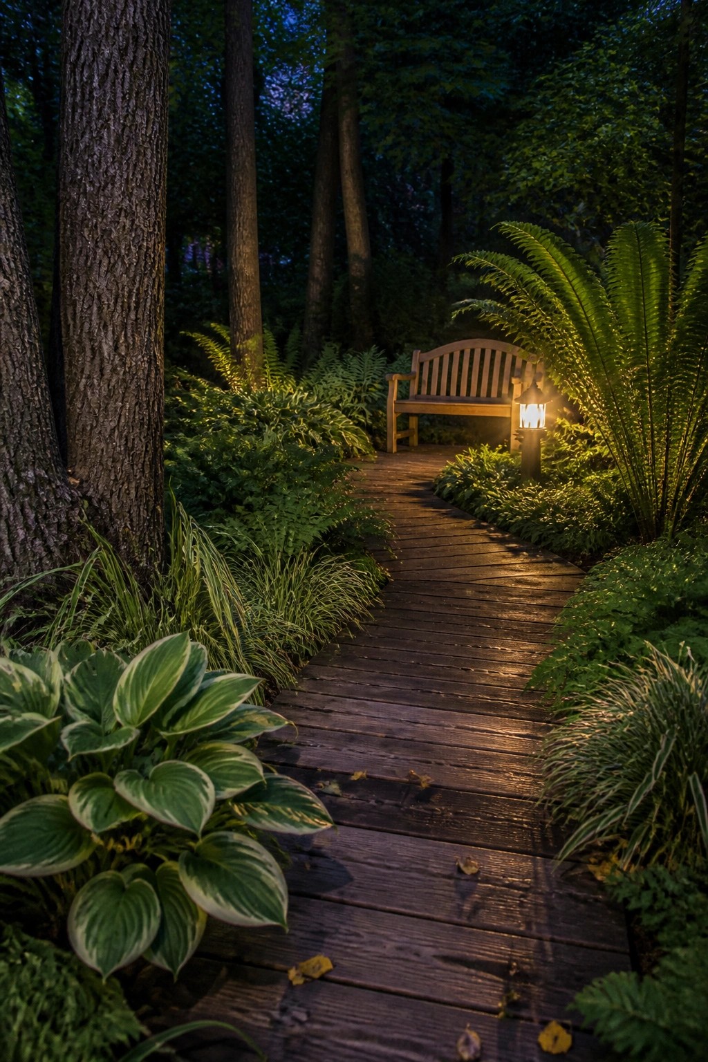 A wooden boardwalk path winds through dense hostas and ferns in a shaded garden, with a lit lantern beside a bench in the distance.
