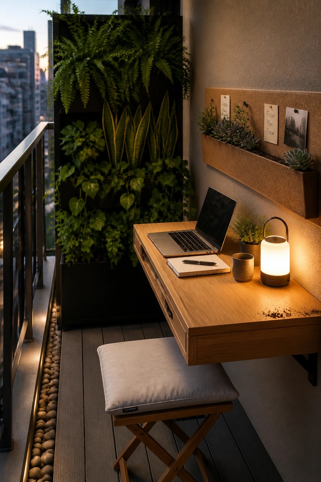 A wooden desk with a laptop and notebook sits on a balcony next to a cushioned stool, with a vertical plant wall and a glowing lantern on the right.