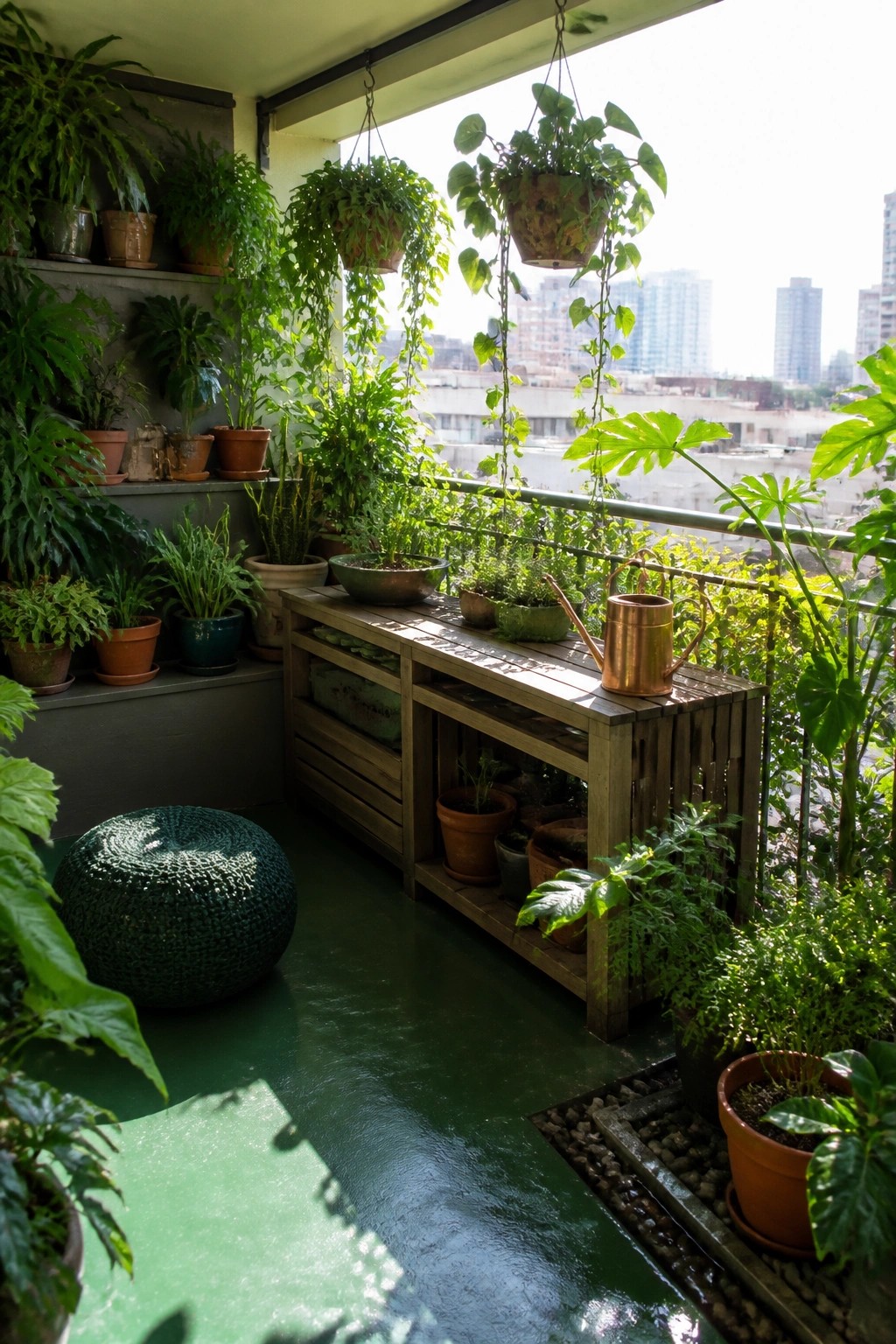 A balcony garden featuring a long wooden bench with open lower shelves holding potted plants, a green knitted pouf on the floor, and many hanging and wall-mounted plants overlooking a city view.