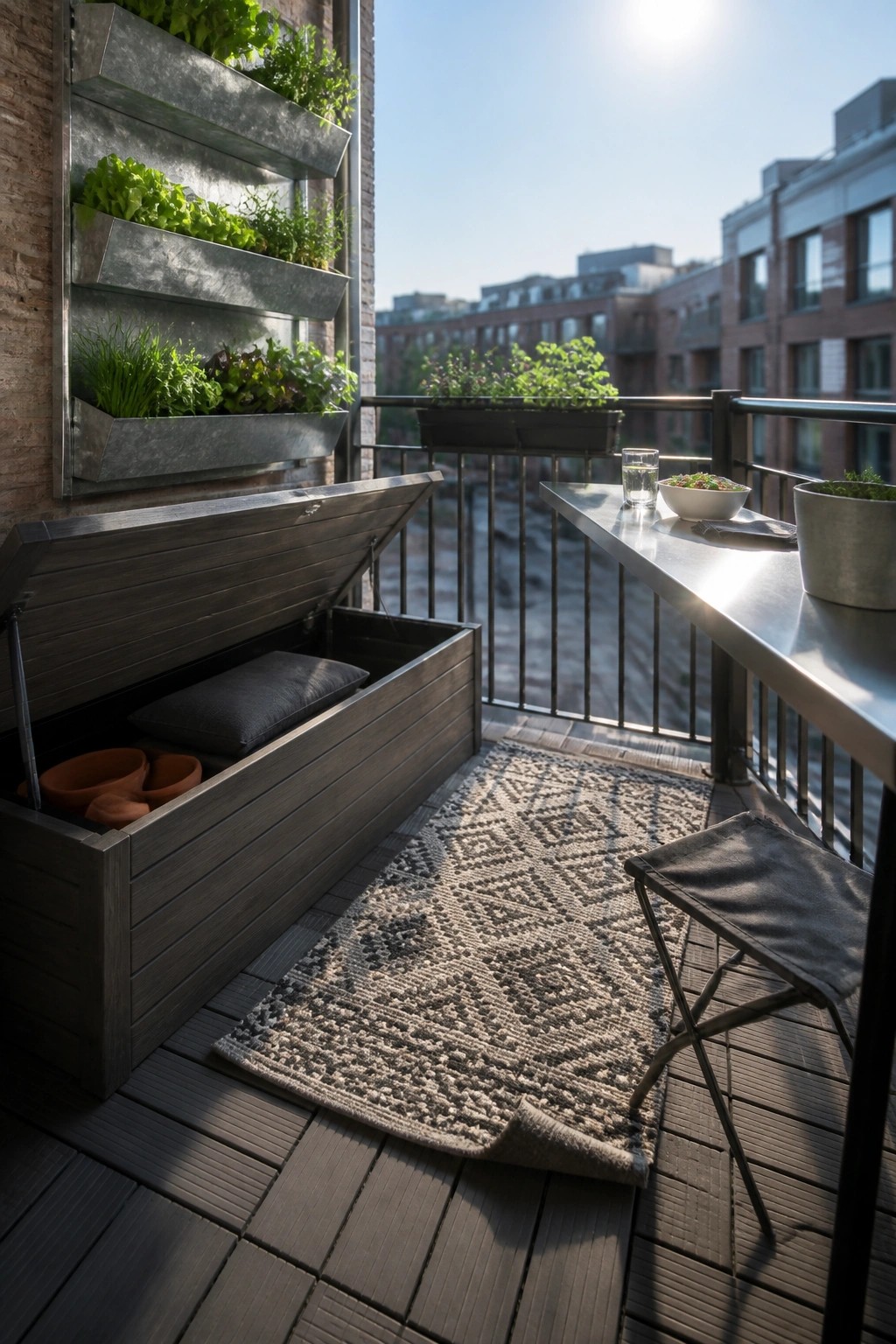 A balcony scene with an open dark wood storage bench containing pillows and terracotta pots, a vertical metal wall planter with greens, a stainless table with a bowl of salad, a folding stool, and a patterned rug on the deck.