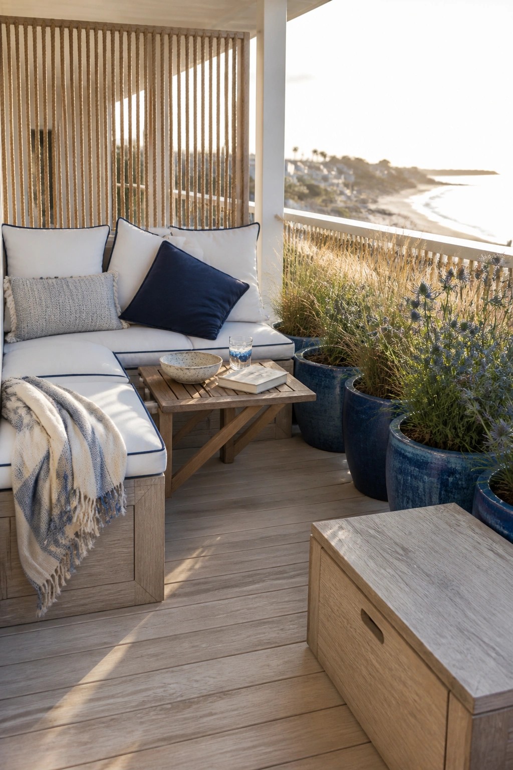 A wooden balcony features built-in white cushioned seating with pillows, blue ceramic pots holding plants, a small wooden table, and a storage chest on the deck.
