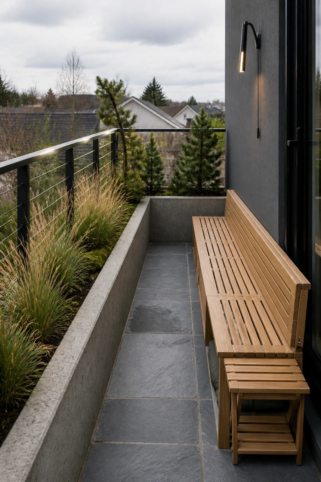 A narrow balcony features a long wooden slatted bench against a dark gray wall with a smaller matching wooden seat in front, alongside a concrete planter box with grasses and small trees.