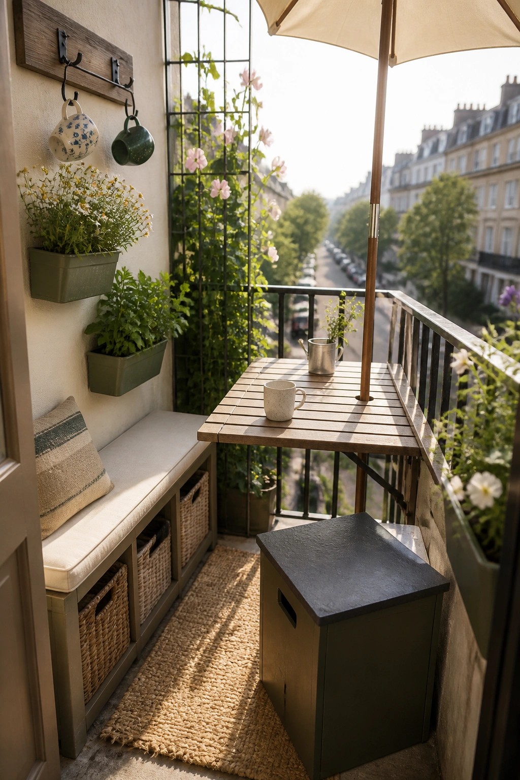 A compact balcony with a built-in bench that has woven storage baskets underneath, a fold-down wooden table, and several wall-mounted planters.