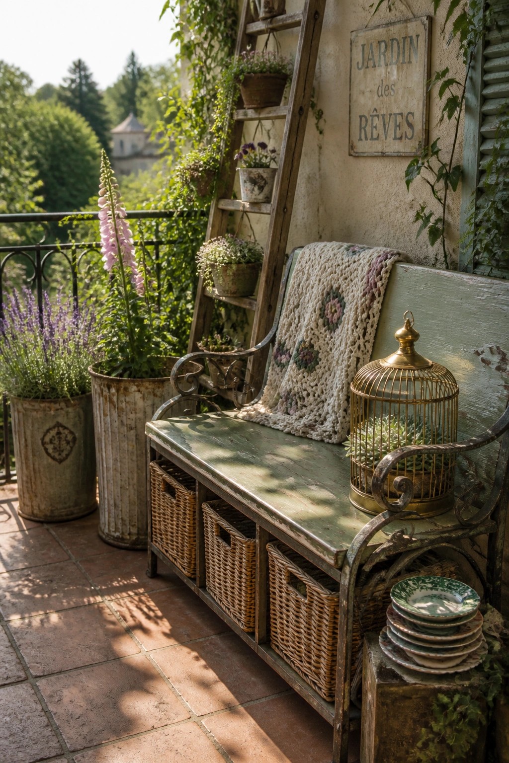 Rustic green bench with knitted blanket, birdcage, and potted plants on sunny patio