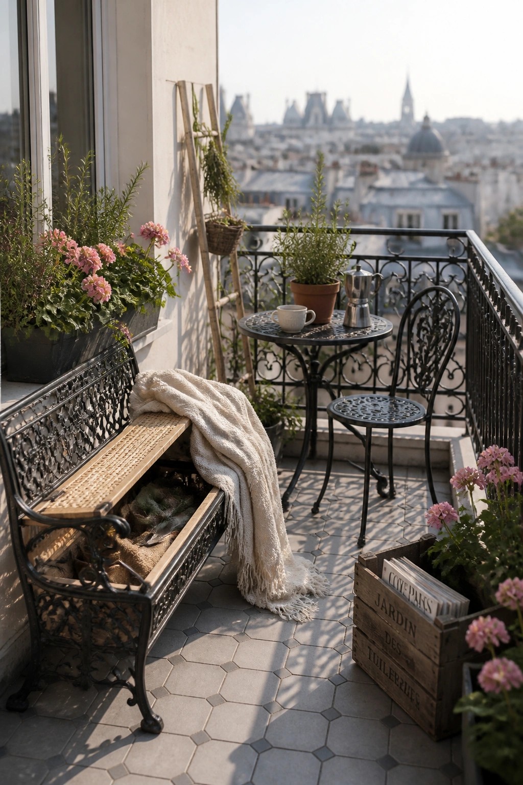 Cozy balcony with ornate bench, cafe table, pink flowers, and Paris view.