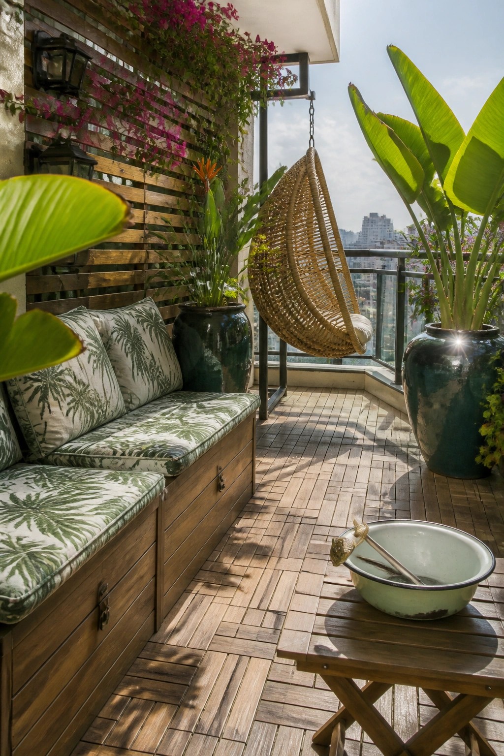 Wooden balcony with cushioned bench, hanging rattan chair, potted plants, and city view