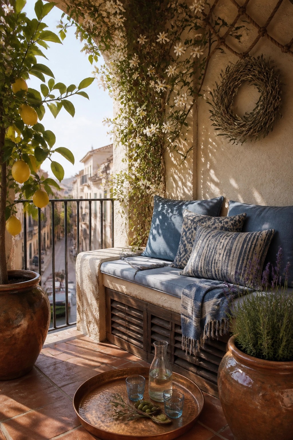 A sunlit balcony with a built-in wooden bench holding blue cushions and patterned pillows, a large potted lemon tree on the left, terracotta pots with greenery on the right, and a copper tray with glasses on the tiled floor.