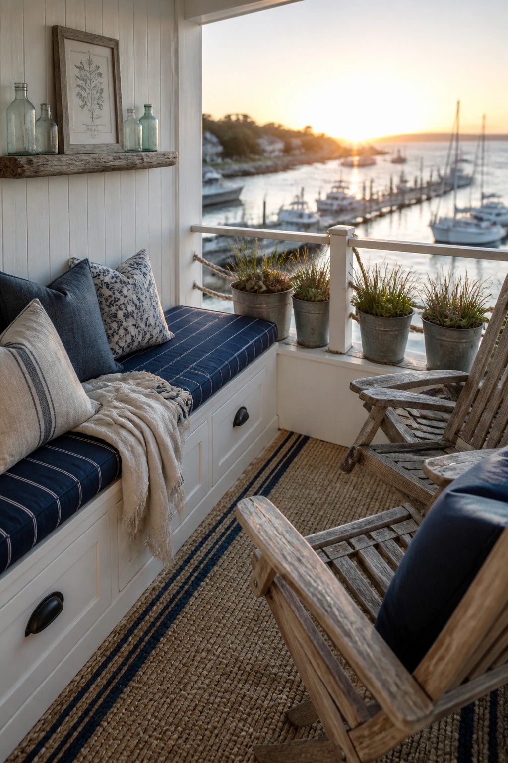 A white built-in bench with blue striped cushions and pillows sits on a balcony beside wooden chairs and metal potted plants overlooking a marina at sunset.