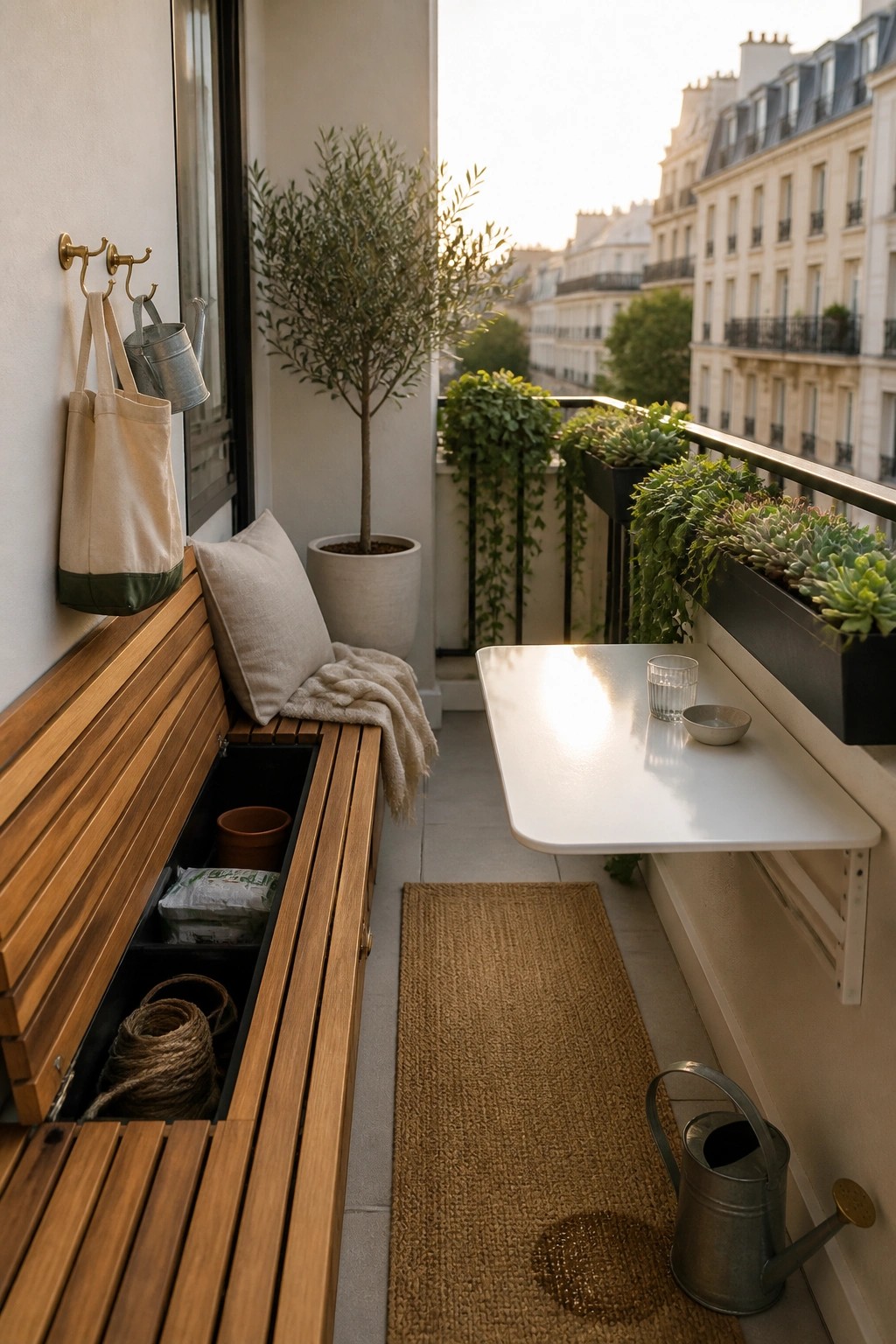 A narrow balcony shows a wooden storage bench with open compartments holding gardening supplies, a white wall-mounted table, potted plants along the railing, and a woven rug.