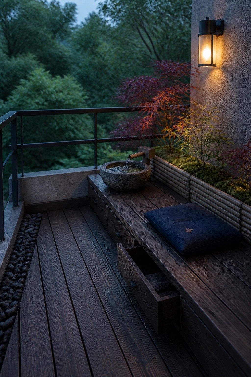 A wooden balcony deck at dusk with a built-in bench featuring open storage drawers, a stone water basin, blue cushion, and surrounding plants.