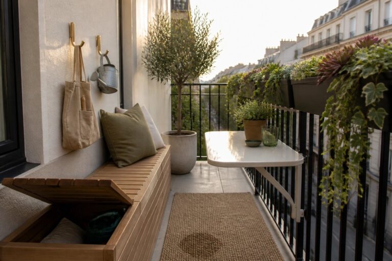 20 Functional Balcony Garden Ideas That Add Seating, Storage, and Room to Move A narrow balcony shows a wooden storage bench with open compartments holding gardening supplies, a white wall-mounted table, potted plants along the railing, and a woven rug.