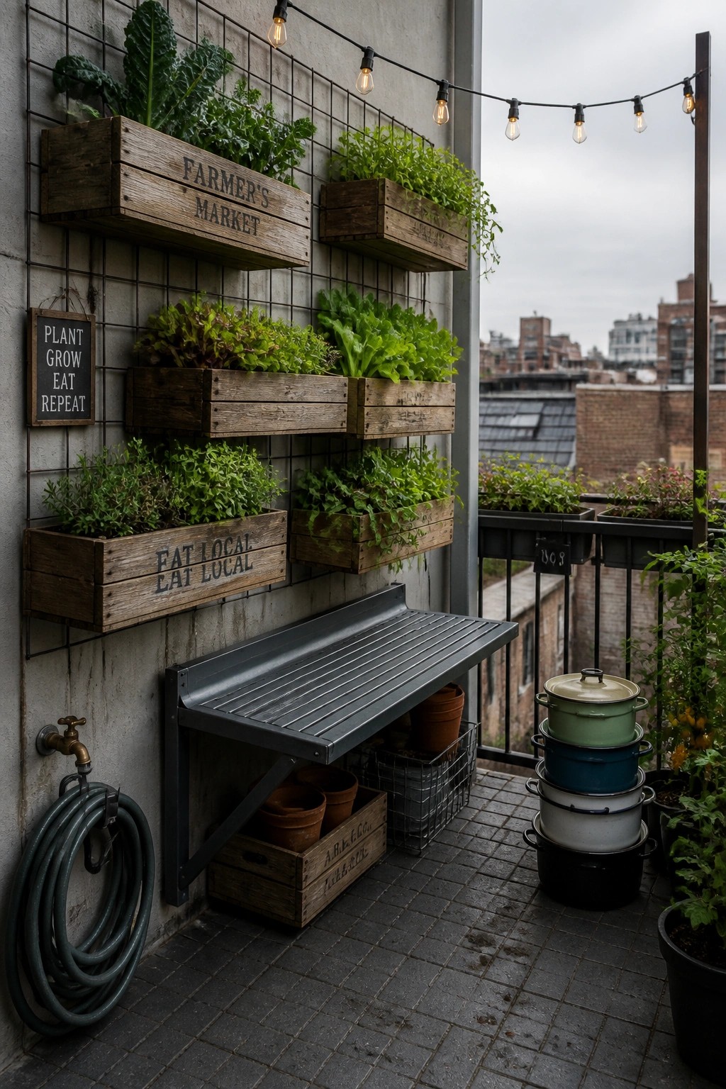 Balcony wall with metal grid holding wooden crate planters, fold-down metal bench, stacked pots, and coiled hose.