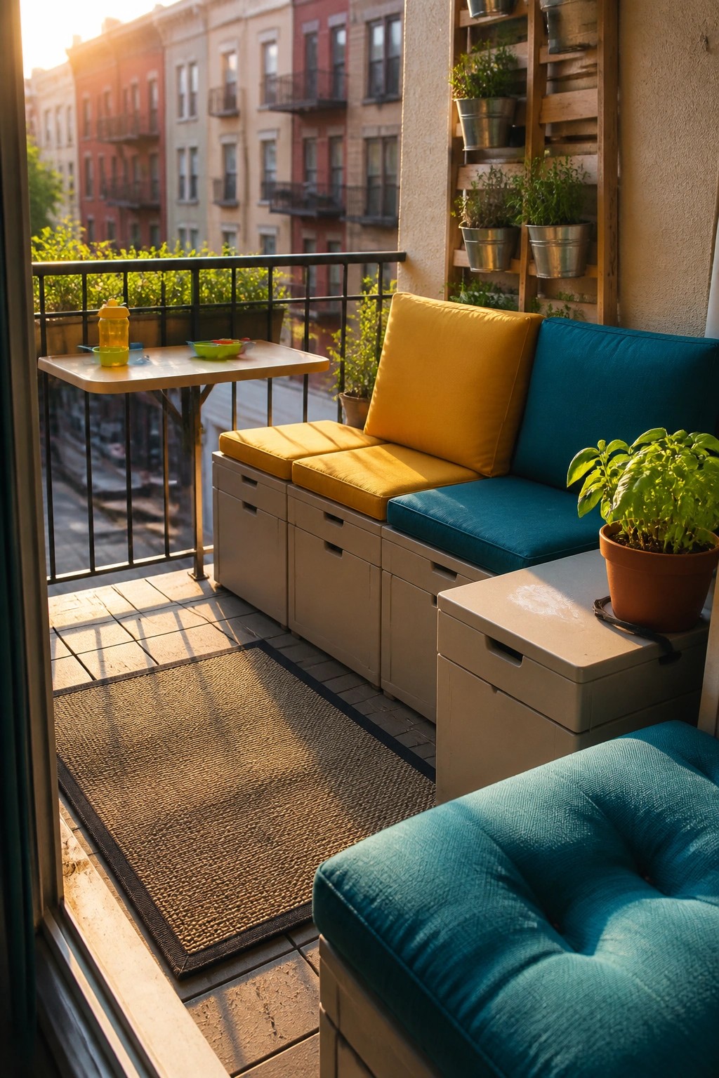 A small urban balcony with modular beige storage benches topped with yellow and teal cushions, a folding side table, a woven rug, and a wooden vertical garden wall holding potted herbs.