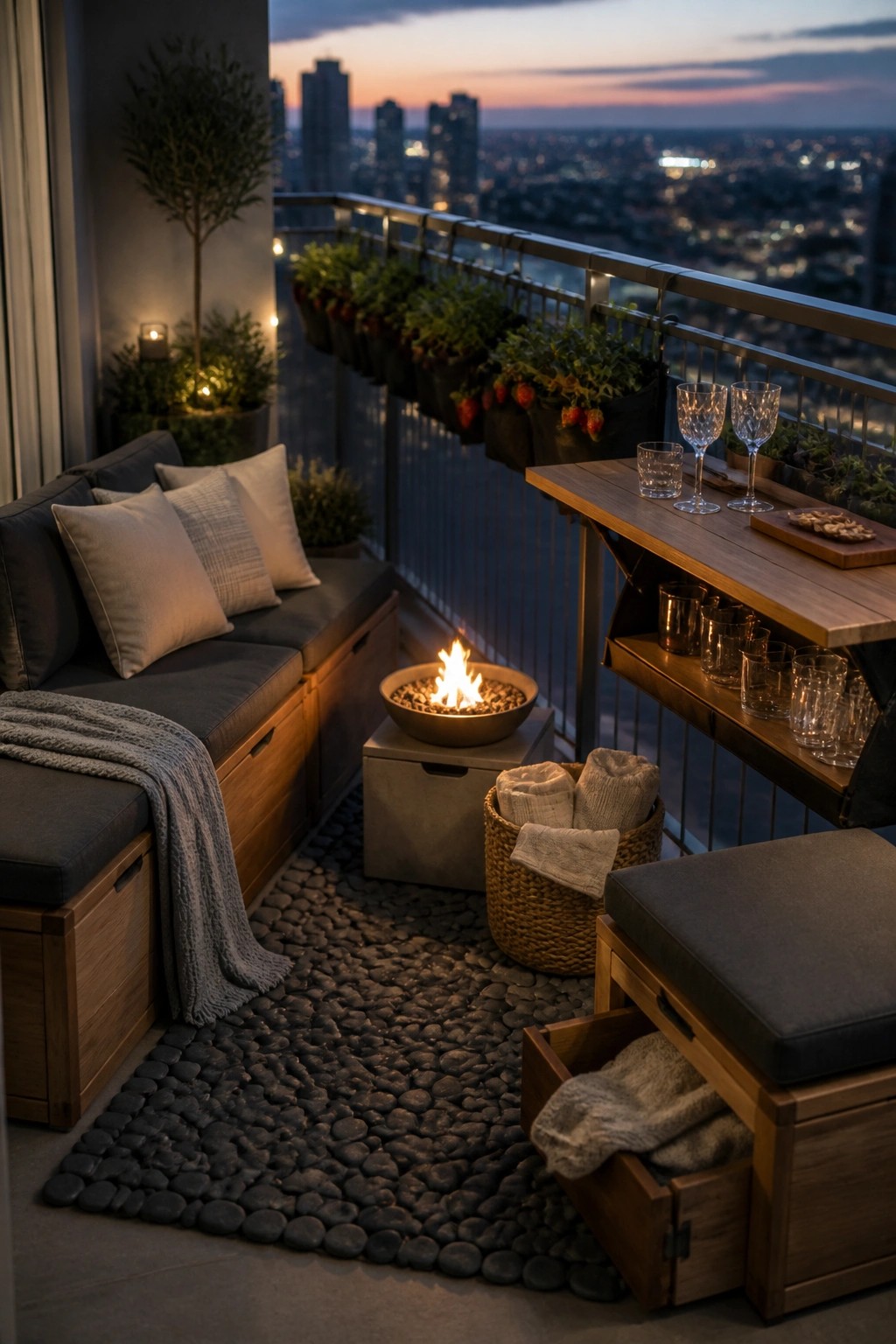 A balcony at dusk featuring cushioned wooden seating with open storage drawers, a fire pit, a basket of towels, a folding table with glasses, and potted plants along the railing overlooking a city skyline.