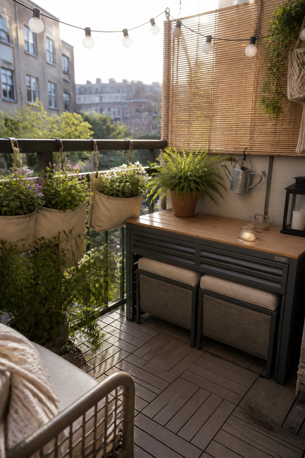A balcony featuring a wooden console table with two upholstered stools stored underneath, hanging fabric planters on the railing, potted ferns, string lights, and a bamboo blind on the wall.
