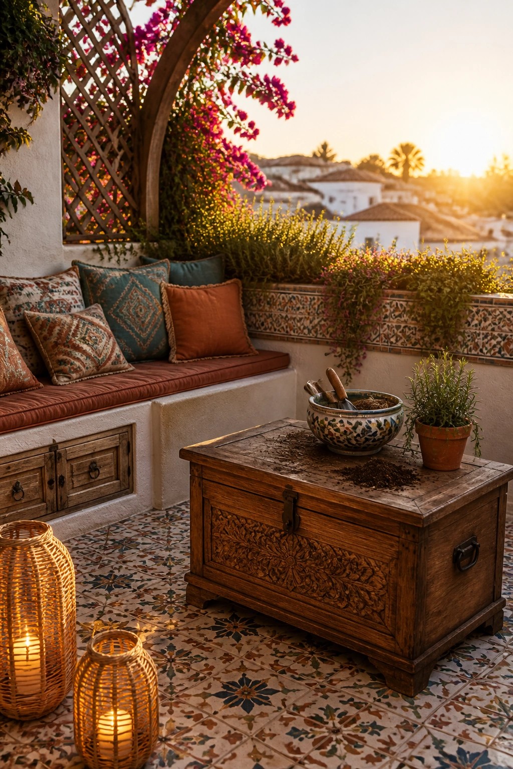 A carved wooden storage chest used as a table on a tiled balcony, holding a decorative bowl and potted plant, next to a cushioned bench with lanterns on the floor.