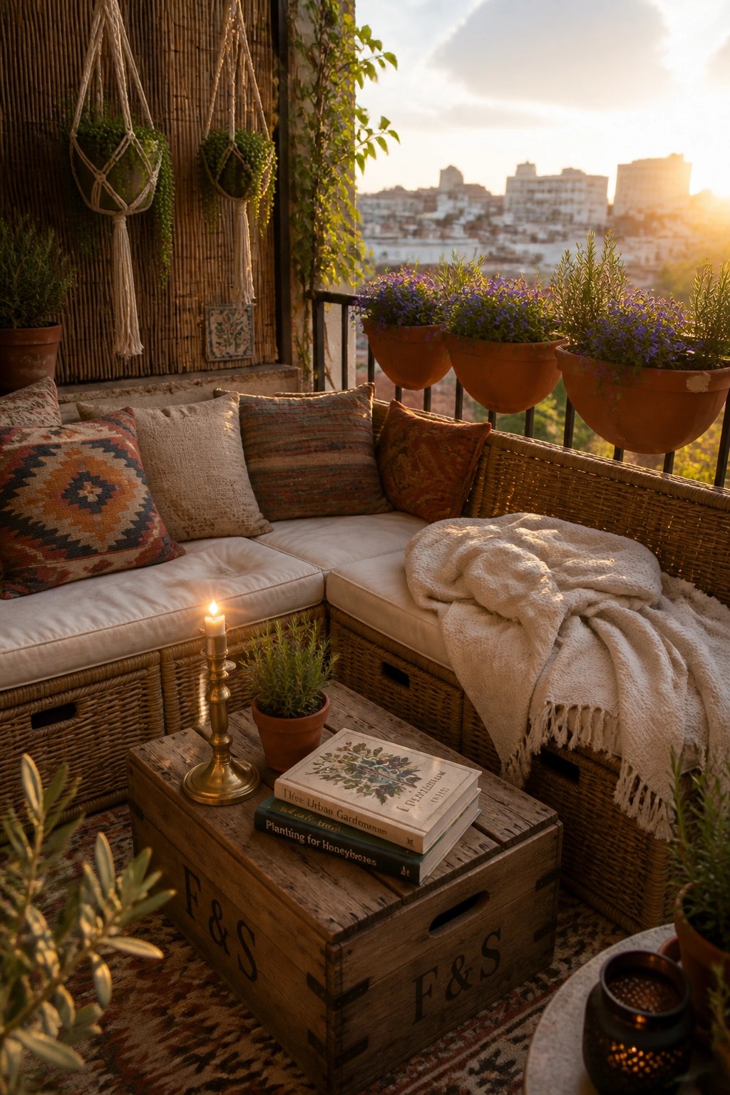 Cozy wicker balcony seating with cushions, blanket, wooden crate table, plants, overlooking sunset cityscape
