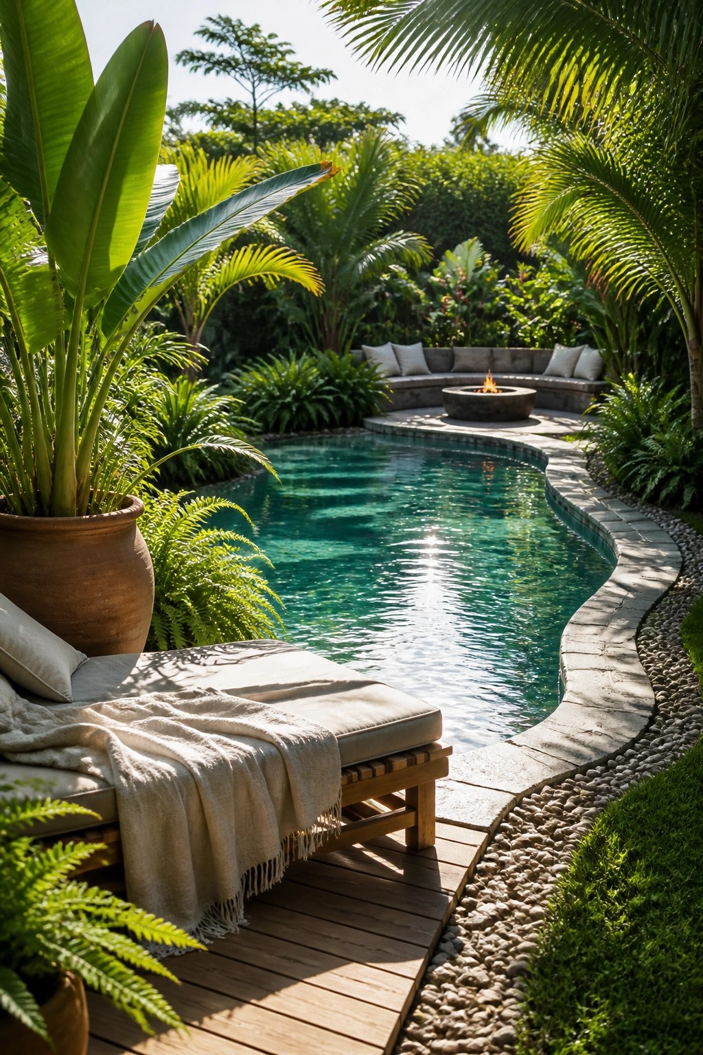 A swimming pool with a wooden deck lounge chair in the foreground, a curved stone fire pit with seating in the background, and lush tropical plants and palm trees surrounding the area.