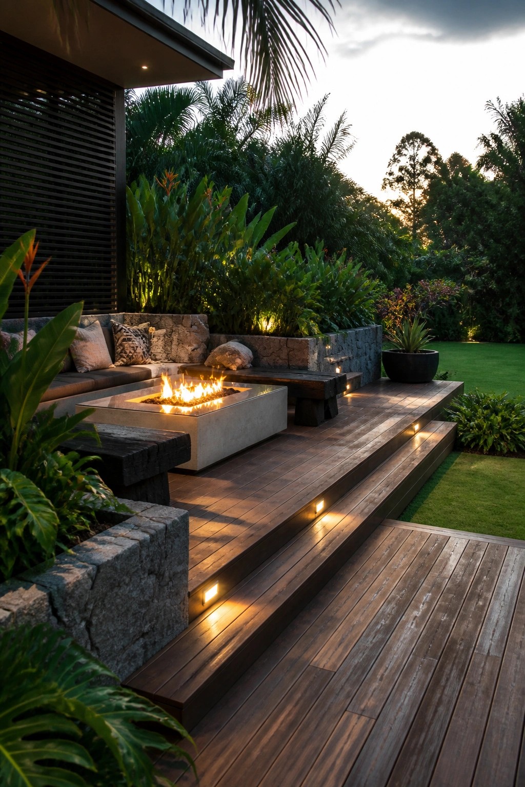 A multi-level wooden deck with a square concrete fire pit, stone seating walls, and tropical plants at dusk.