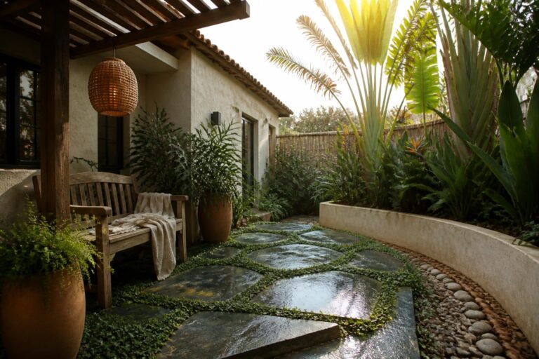A stone pathway curves through large tropical plants and potted foliage beside a house, with a wooden bench and woven light fixture on the left.