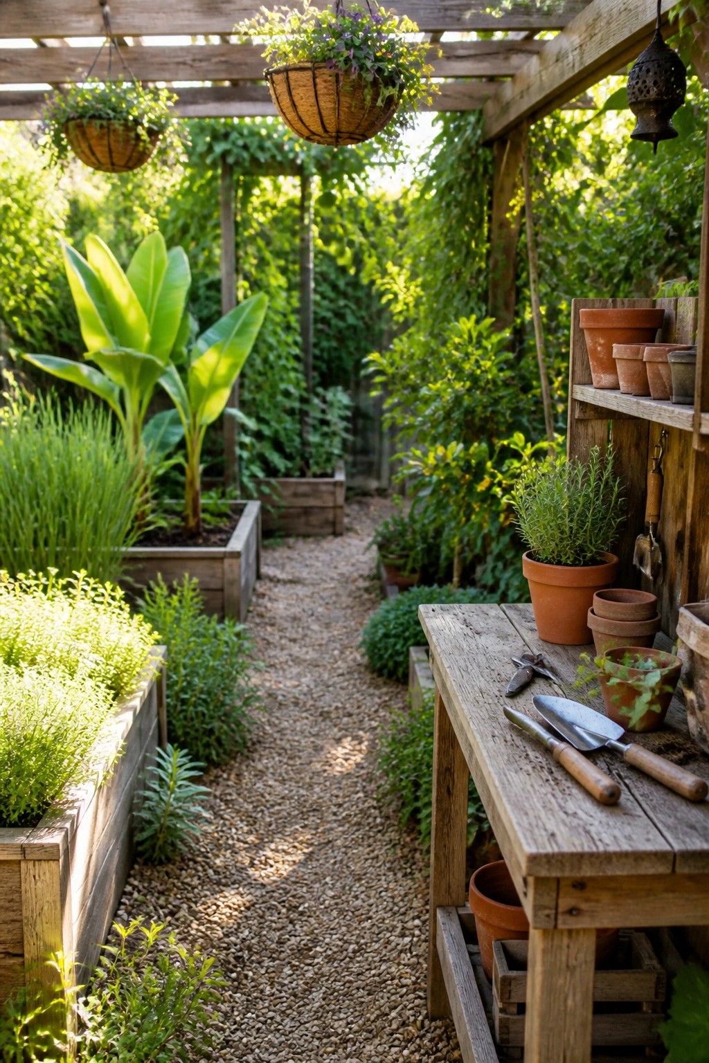 A gravel path runs between raised wooden planters filled with tropical plants, with a wooden workbench holding gardening tools and clay pots on the right.