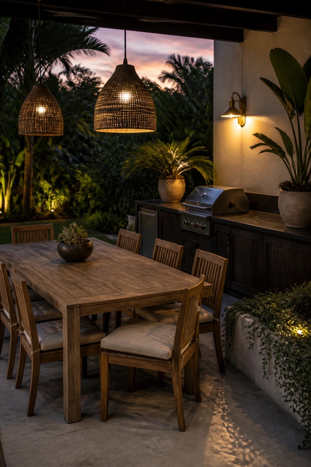 A wooden outdoor dining table with upholstered chairs sits under two woven pendant lights next to a built-in grill and counter area, surrounded by tropical plants at dusk.