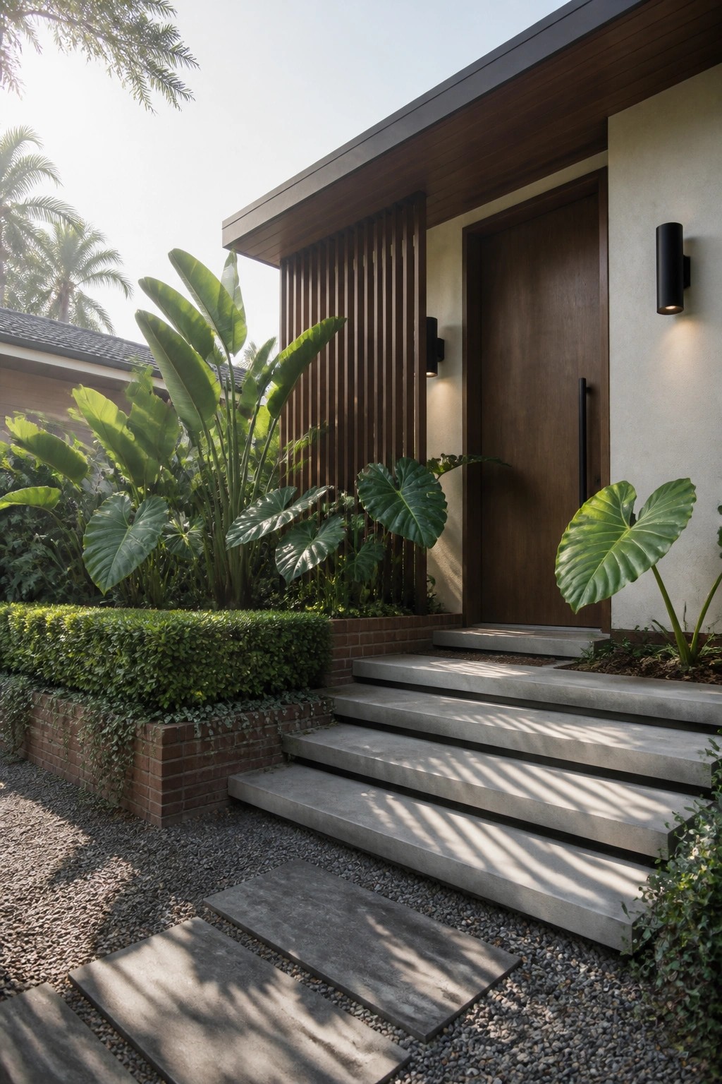 Modern house entry with concrete steps leading to a dark wood door, flanked by large tropical plants in brick planters and gravel pathways.