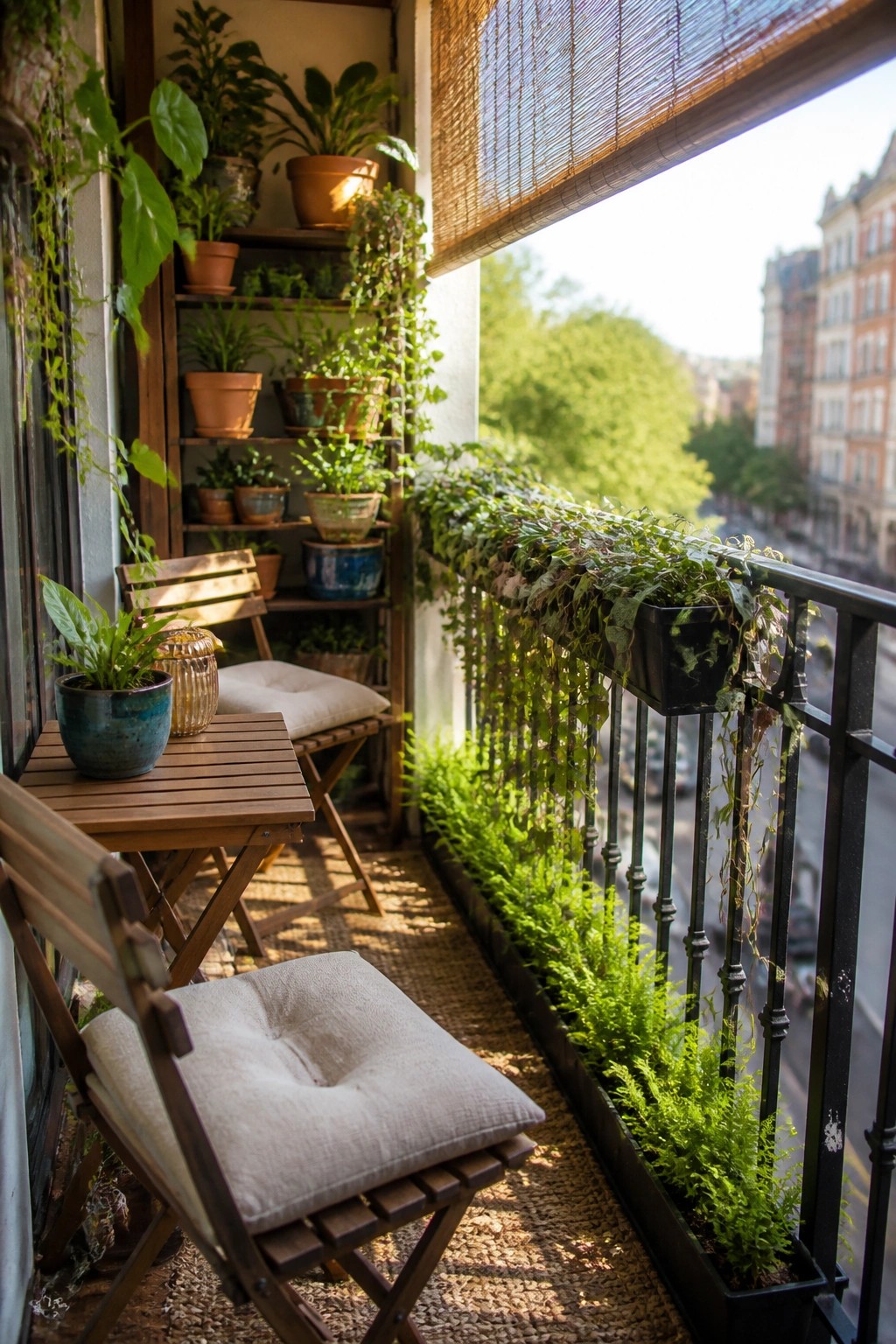Sunny balcony with wooden chairs, table, shelves, and abundant potted plants overlooking city street.