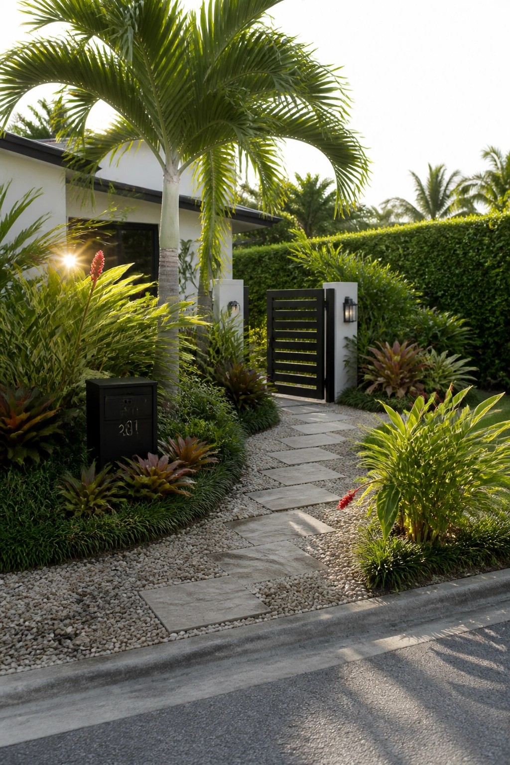 A gravel path with large stone pavers leads through dense tropical plants and a palm tree toward a black gate at a modern white house, with a black mailbox marked 201 on the left.