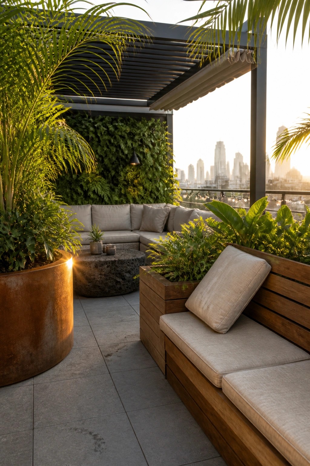 Rooftop terrace with wooden built-in benches, large copper and wood planters holding tropical plants, a living green wall, and a pergola overlooking a city skyline.