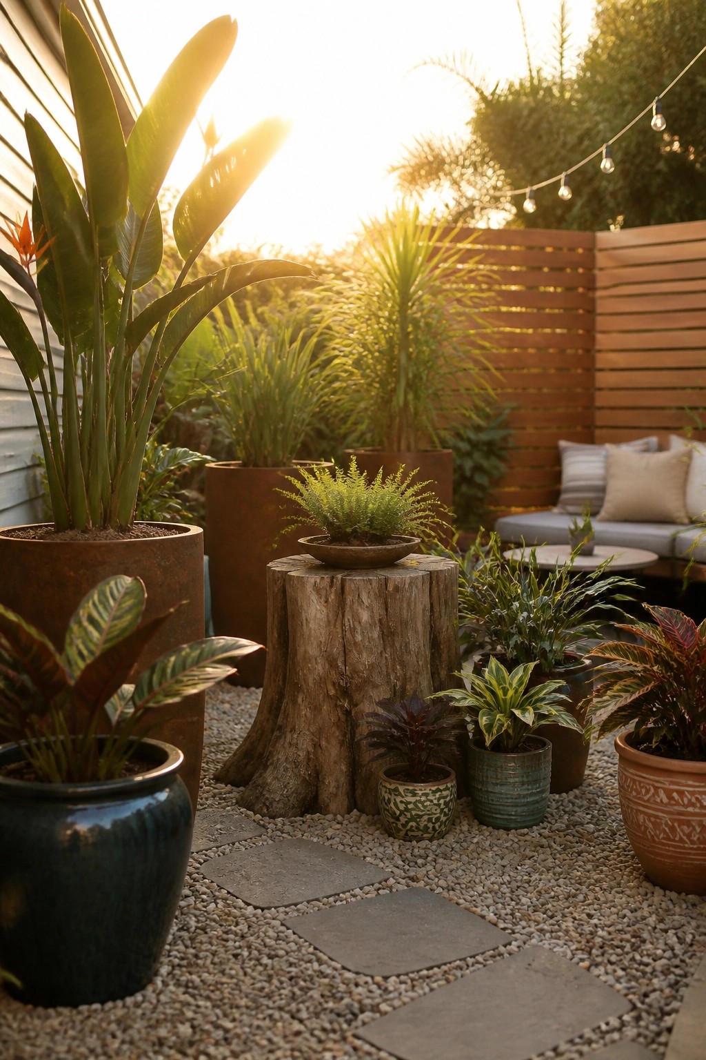 A gravel garden path with stone stepping stones, surrounded by potted plants of various sizes, some placed on a wooden tree stump, with string lights and a wooden fence in the background.