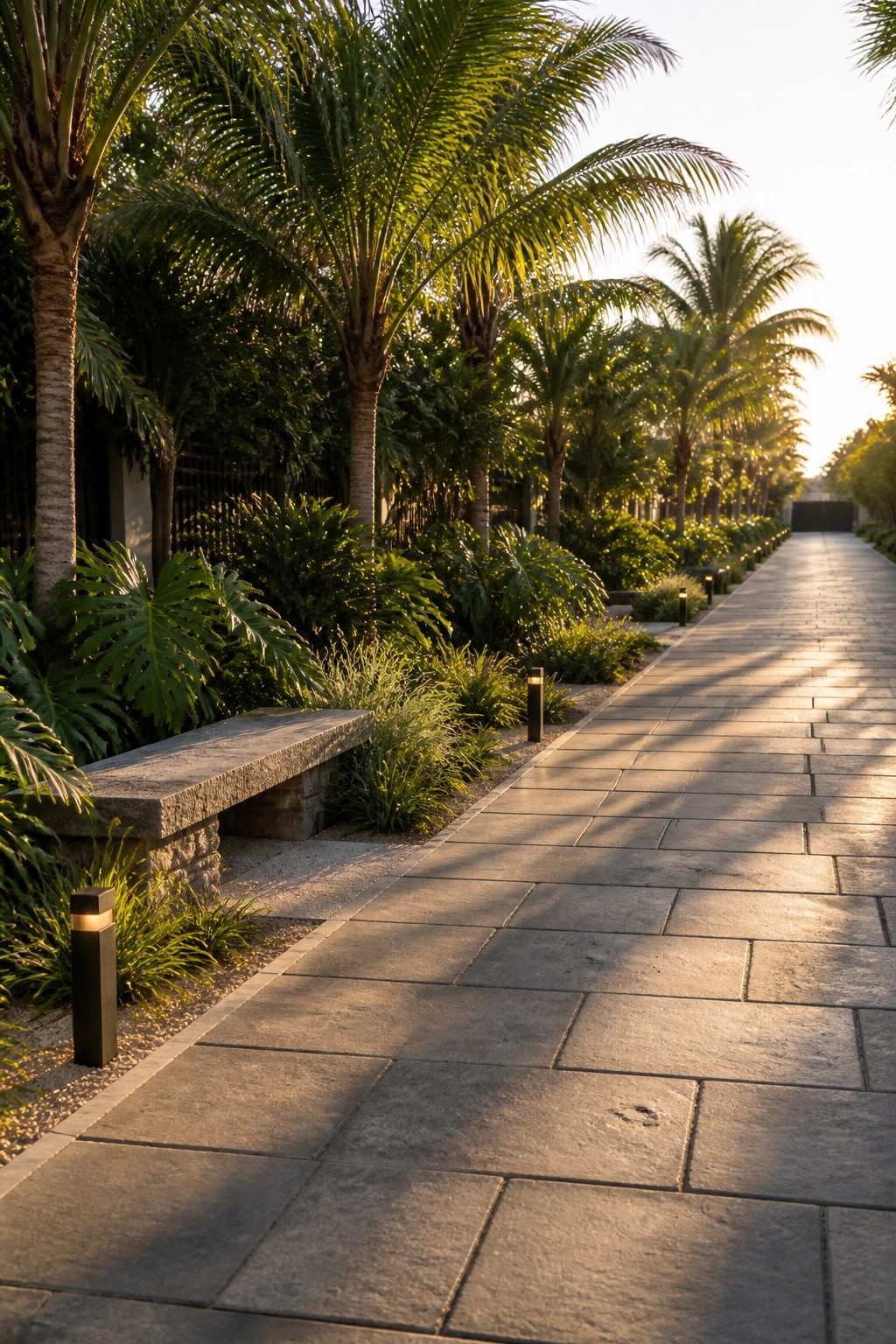 A long stone pathway bordered by palm trees, dense tropical shrubs, and low landscape lights, with a stone bench on the left side.