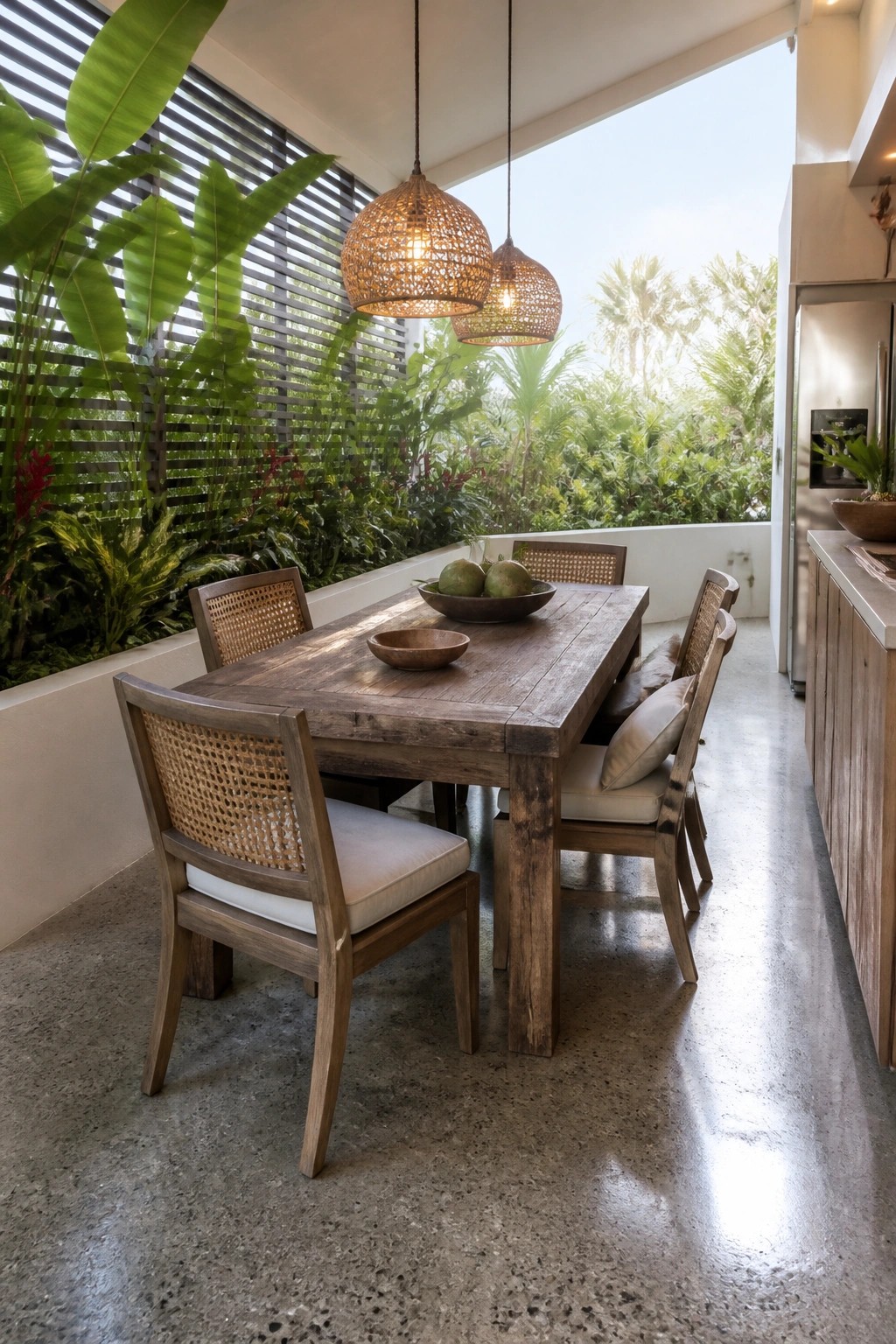 A wooden dining table with woven-back chairs sits on a concrete patio beside a low wall lined with dense tropical plants and hanging woven lights.