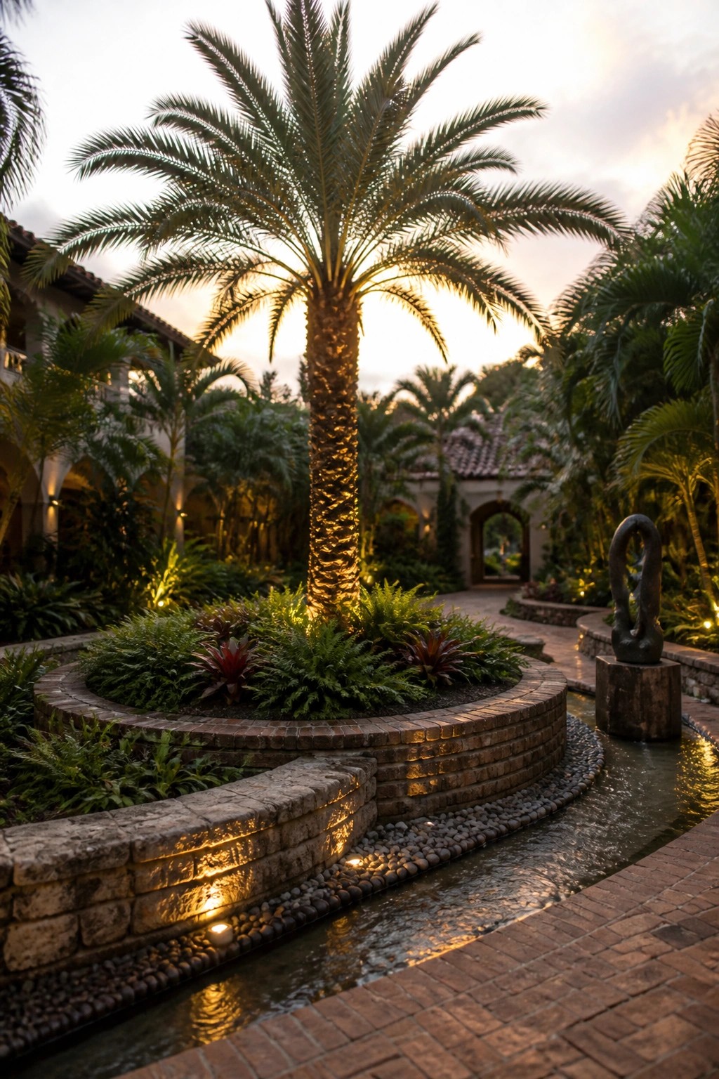 A tall palm tree grows in a raised circular brick planter surrounded by ferns and tropical plants beside a pebble-lined water channel in a garden at dusk.