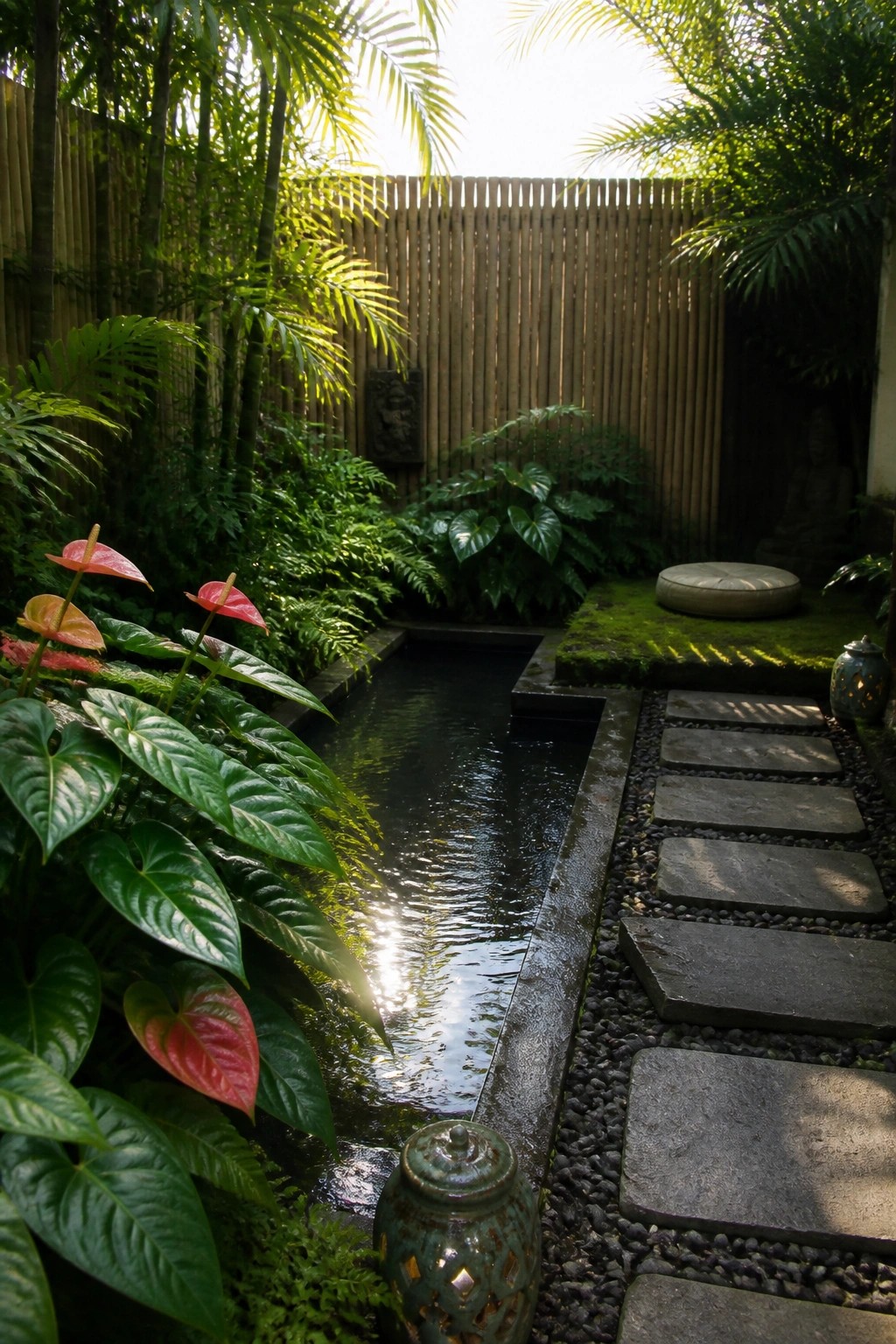 A long narrow water channel runs through a tropical garden beside a path of stone stepping stones, with dense green foliage and red anthurium leaves along the banks and a bamboo fence in the background.