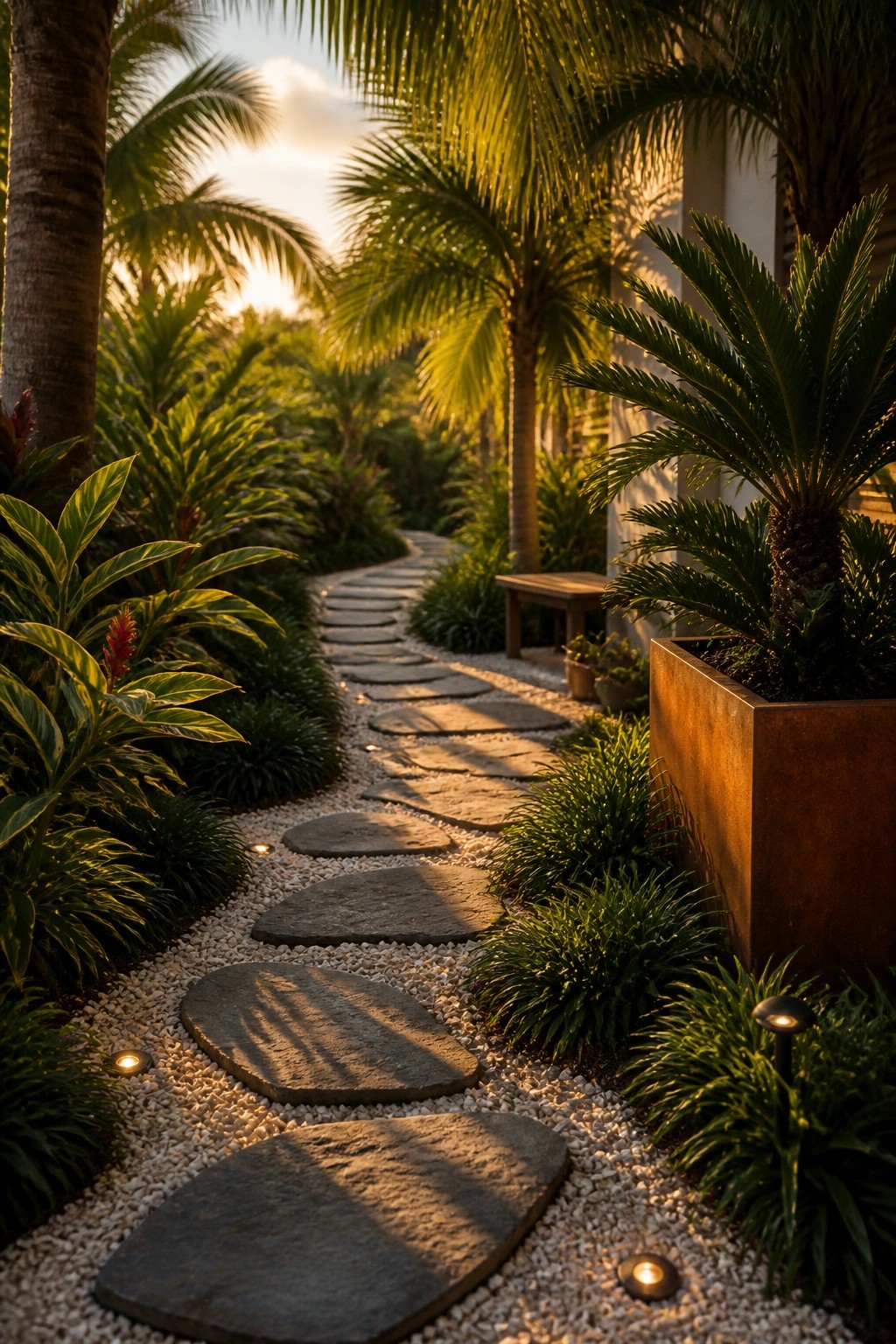 A winding path made of large flat gray stones sits in white gravel, surrounded by dense tropical plants, palms, and small ground lights.