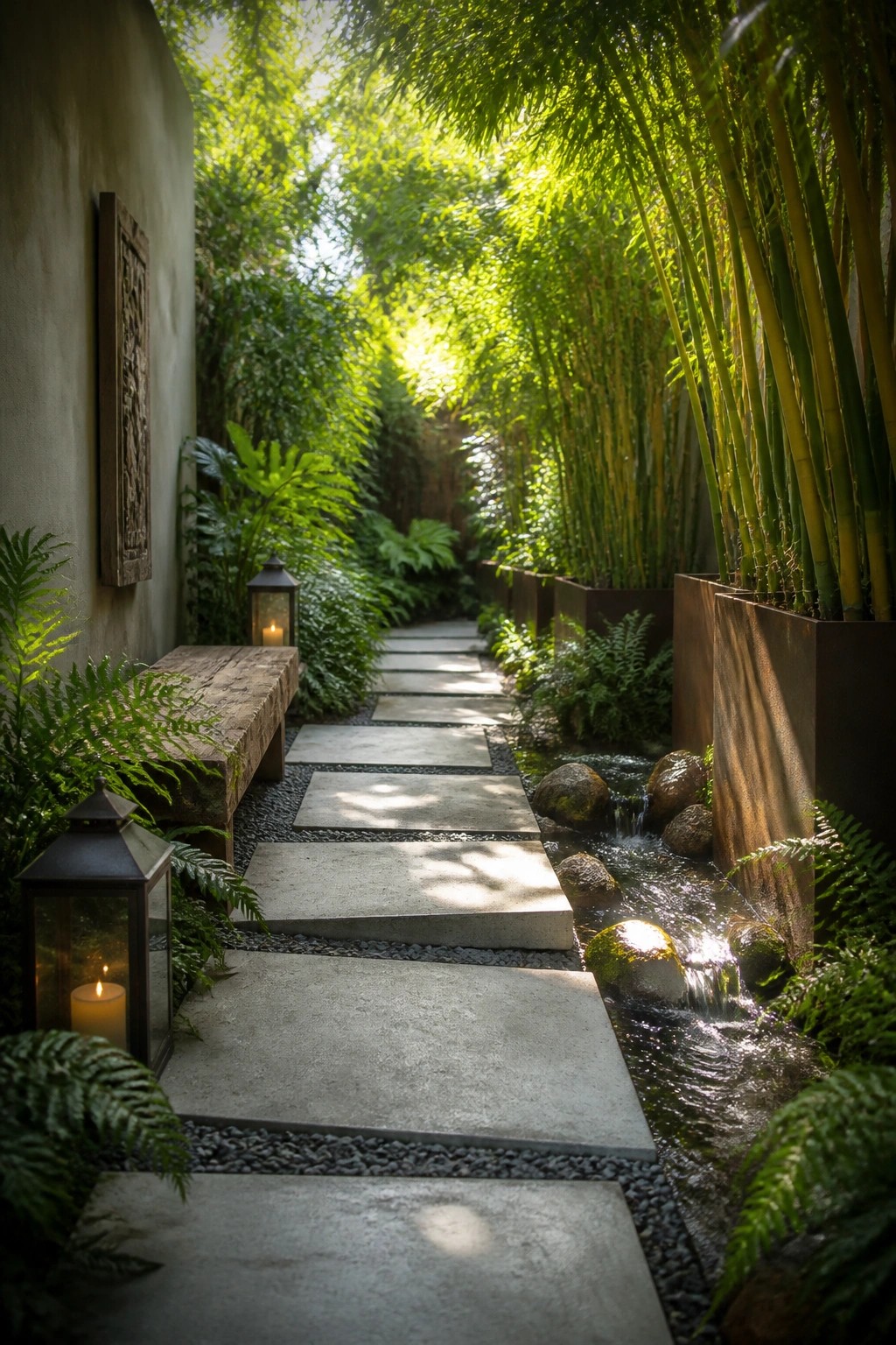 A garden path of large concrete stepping stones runs beside a small flowing stream, bordered by tall bamboo, ferns, and rocks.